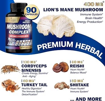 Organic Cadane Mushroom Complex Supplements - 13in1 with Lions Mane Mushroom, Bacopa, Reishi & More - 90 Vegan Capsules