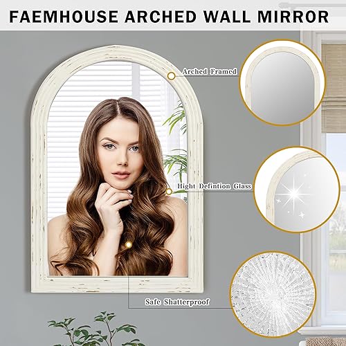 Miniatura 6 de Espejo de pared rústico blanco envejecido, con marco de madera de granja, espejo grande decorativo para sala de estar, baño, entrada, pasillo (24 x