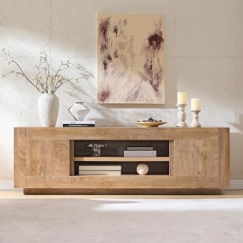 OKD 70 Modern TV Stand for 80 TV, Thick Block TV Console,Light Knotty Oak
