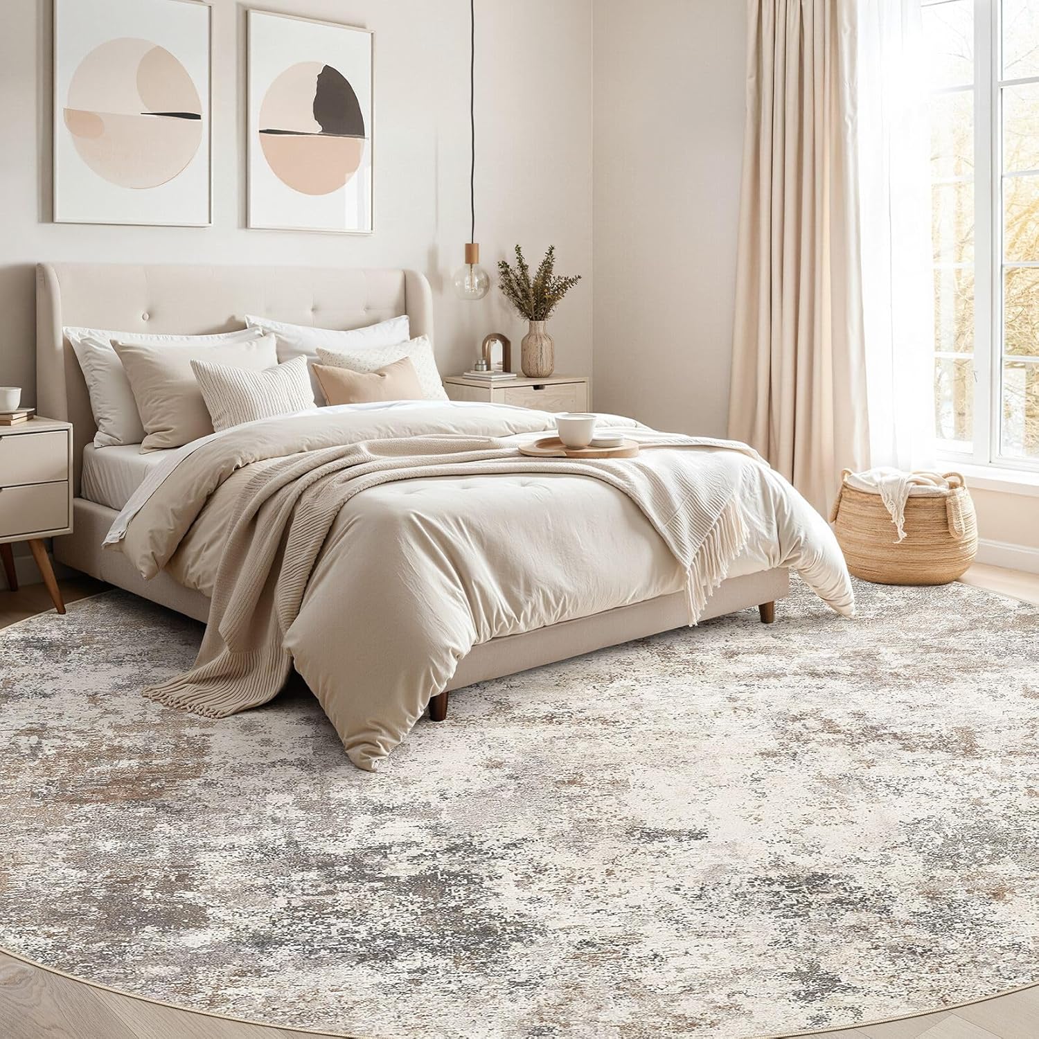 uermei 10ft round area rug living room rugs - 10x10 washable large neutral modern abstract soft thin rug indoor floor no slip rug carpet for bedroom under dining table home office decor - brown grey brown grey 10' (round)