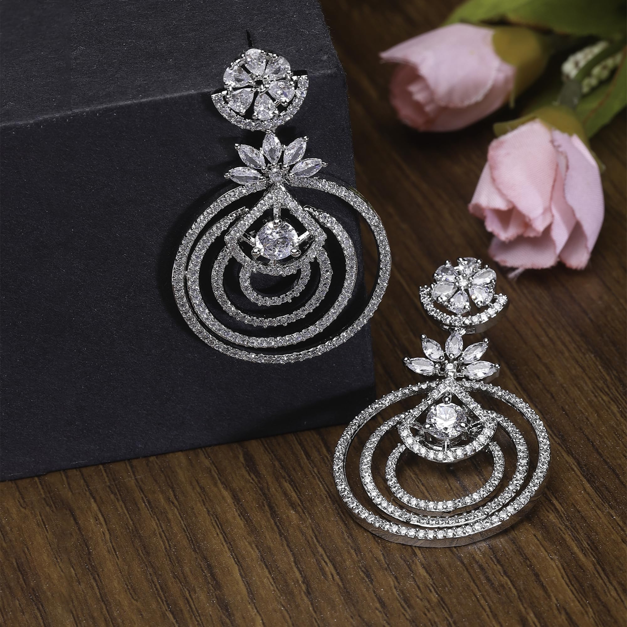 Rhodium-Plated Floral & Circular Layered Drop Earrings