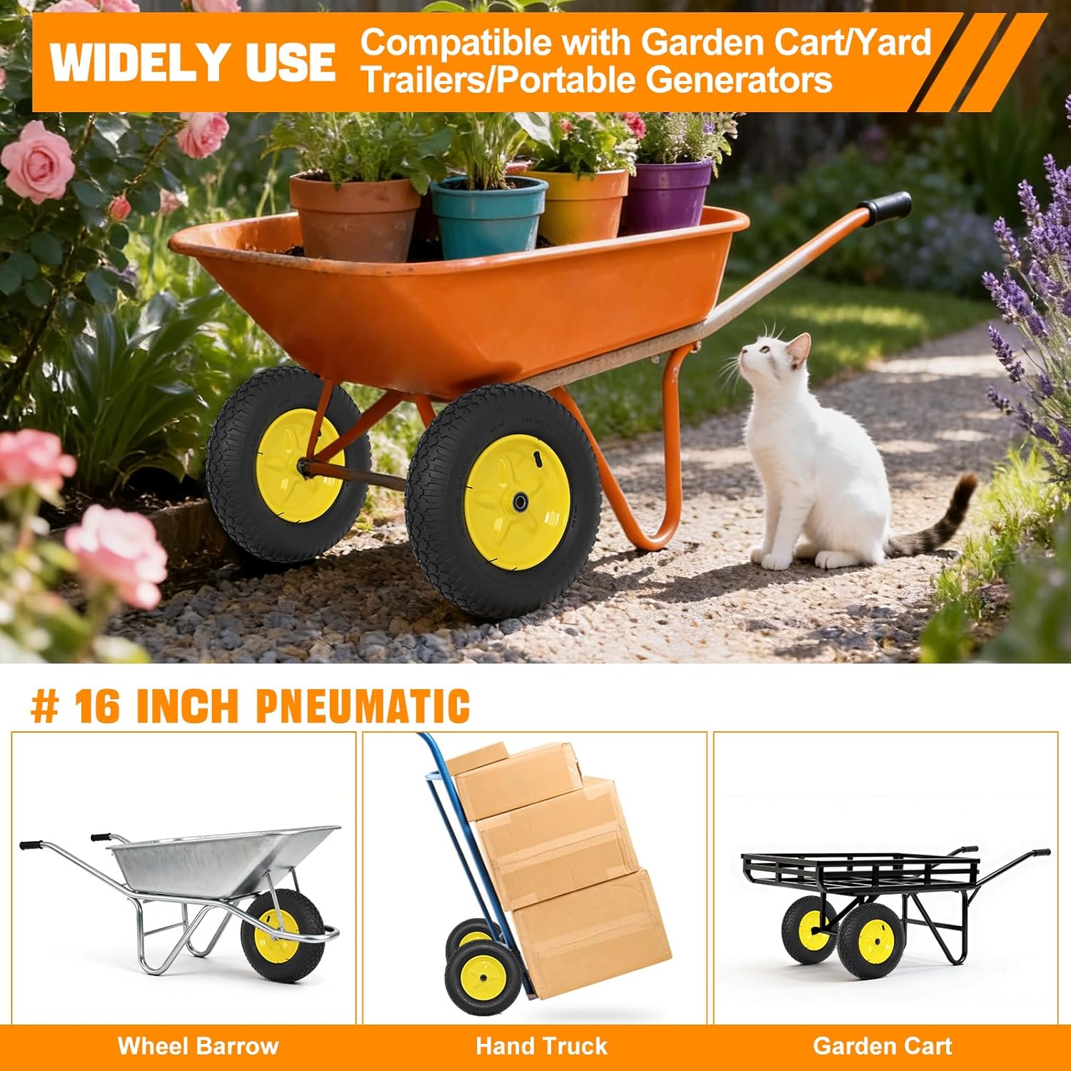 Yesker 4.80/4.00-8" Tires and Wheels Pneumatic, 16" Inflated Air Replacement Tire Wheel with 5/8" Axle Bore for Wheelbarrow, Gorilla Cart, Trolley, Garden Scooter Cart, 2 Pack