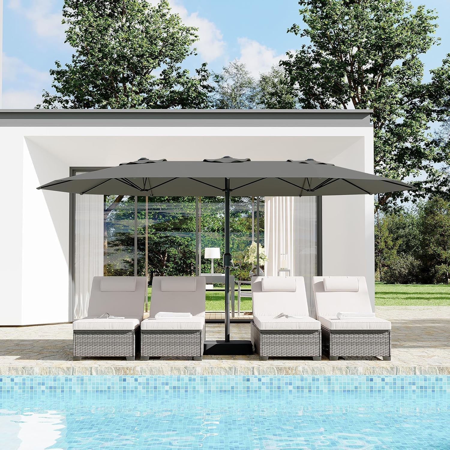 15FT Extra Large Double-Sided Patio Umbrella with Solar LED Lights – Heavy-Duty Rectangular Outdoor Market Umbrella, Fade-Resistant UV Canopy, Included Base for Backyard, Pool, Deck, Garden – Beige/Mist Blue