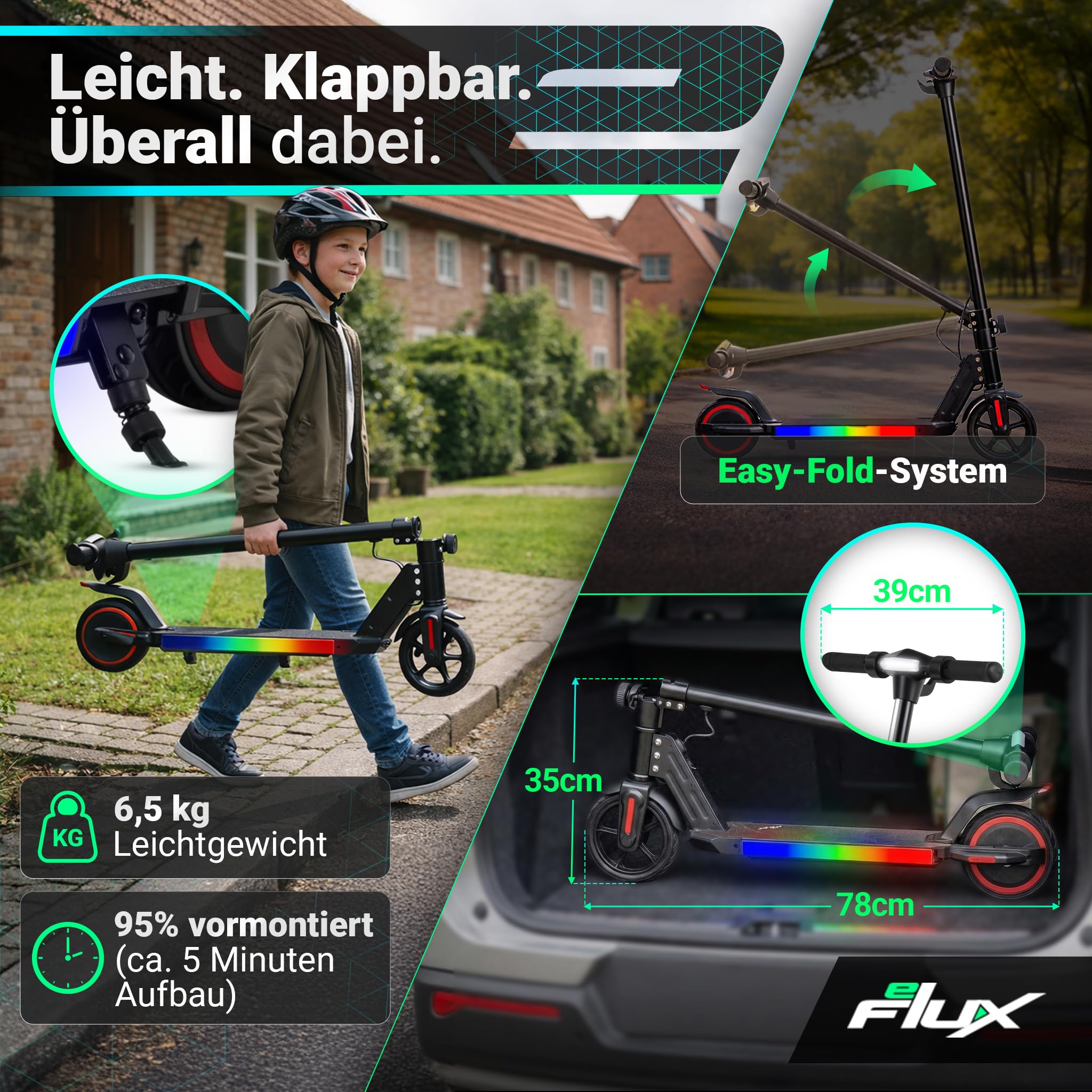eFlux Kids K1 E Scooter | E Roller für Kinder ab 6 Jahren - Scooter mit LED Beleuchtung - Elektroscooter leicht - Elektroroller klappbar - Geschwindigkeit bis 𝟏𝟔 𝐤𝐦/𝐡 - Reichweite bis 𝟏𝟓 𝐤𝐦