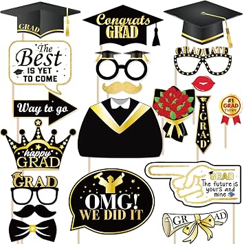 Graduation Photo Booth Props 2024-Graduation Photo Props-Class of 2024, Grad Party Decorations-Grad Party Decor-Black and Gold Graduation Party Decorations 2024-Set of 20