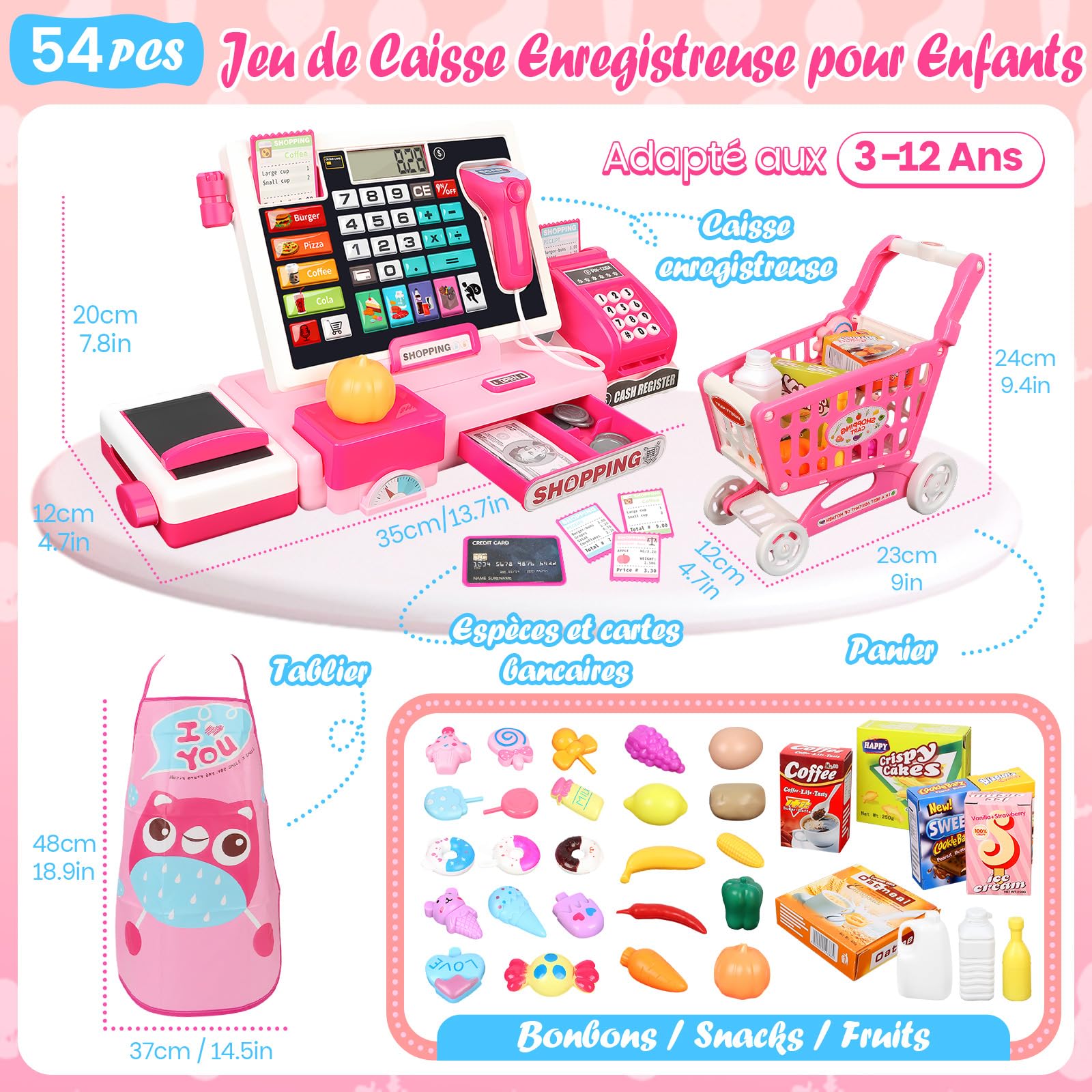 IEEILULU Caisse Enregistreuse pour Enfants - Inclut 52 Accessoires(Calculatrice, Scanner Son et LumièRe, POS, Chariot de Courses, etc.), Caisse Enregistreuse Jouet, Cadeau pour Garçon Fille de 3+ Ans