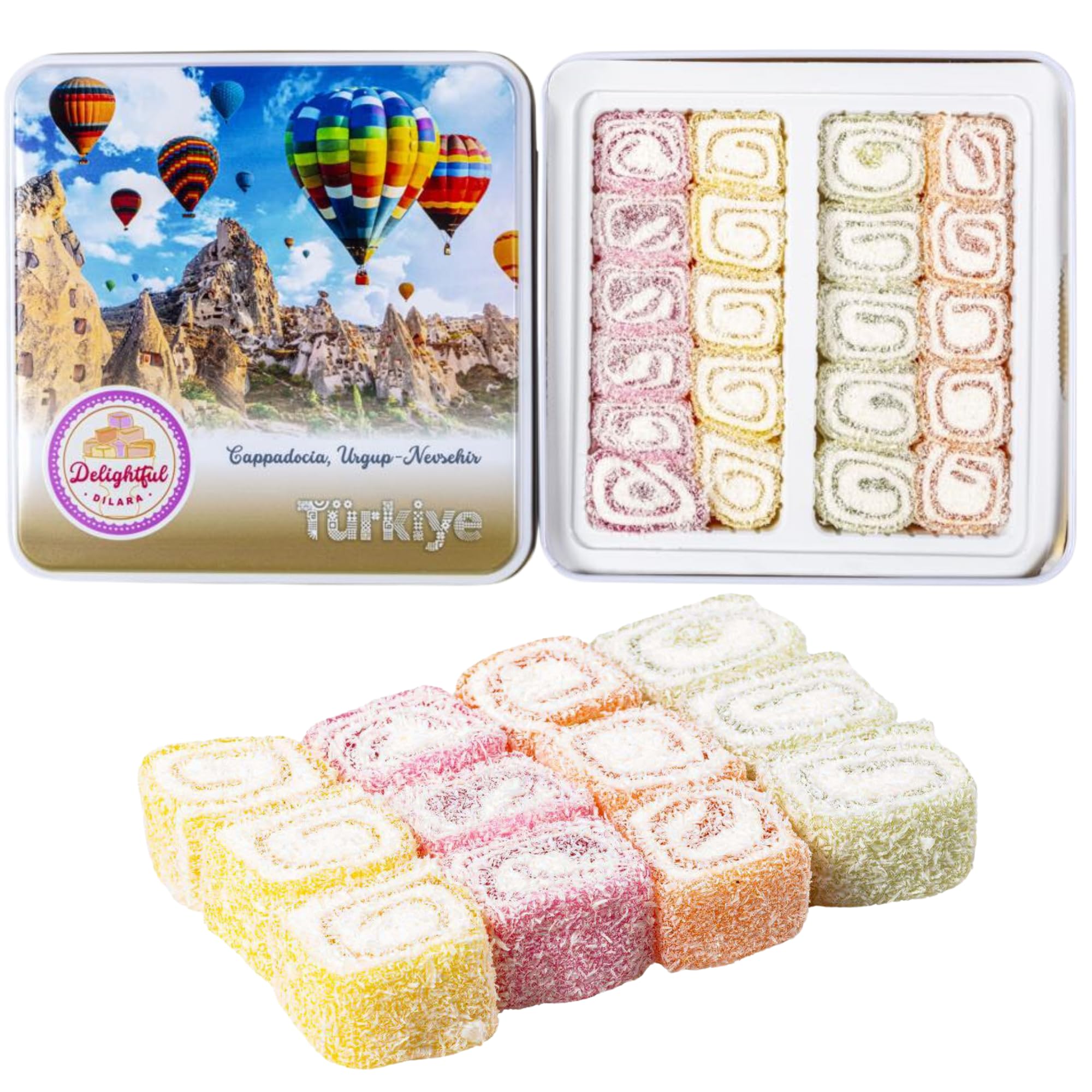 Delightful DilaraRolled Turkish Delight Gift Box Fruit 500g Tin Tubs of Vintage Sweets Gift Box Birthday Present - Rose,Lemon,Mint&Orange -Eid Gift Confectionery Christmas Sweets Gift Box Gluten Free