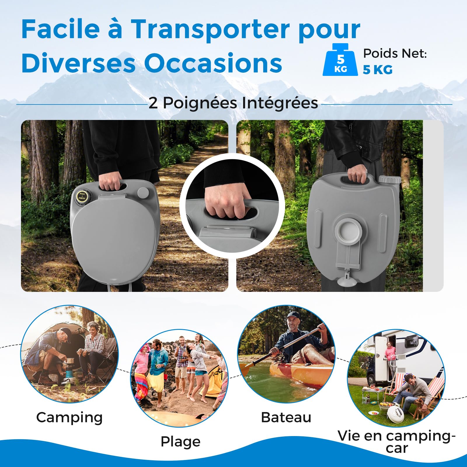 COSTWAY Toilette Portable avec Réservoir d'Eaux Usées Détachable de 20 L, Toilette Mobile avec Siège Étanche Pompe de Chasse, Toilette de Camping pour Voyage Pêche Bateau