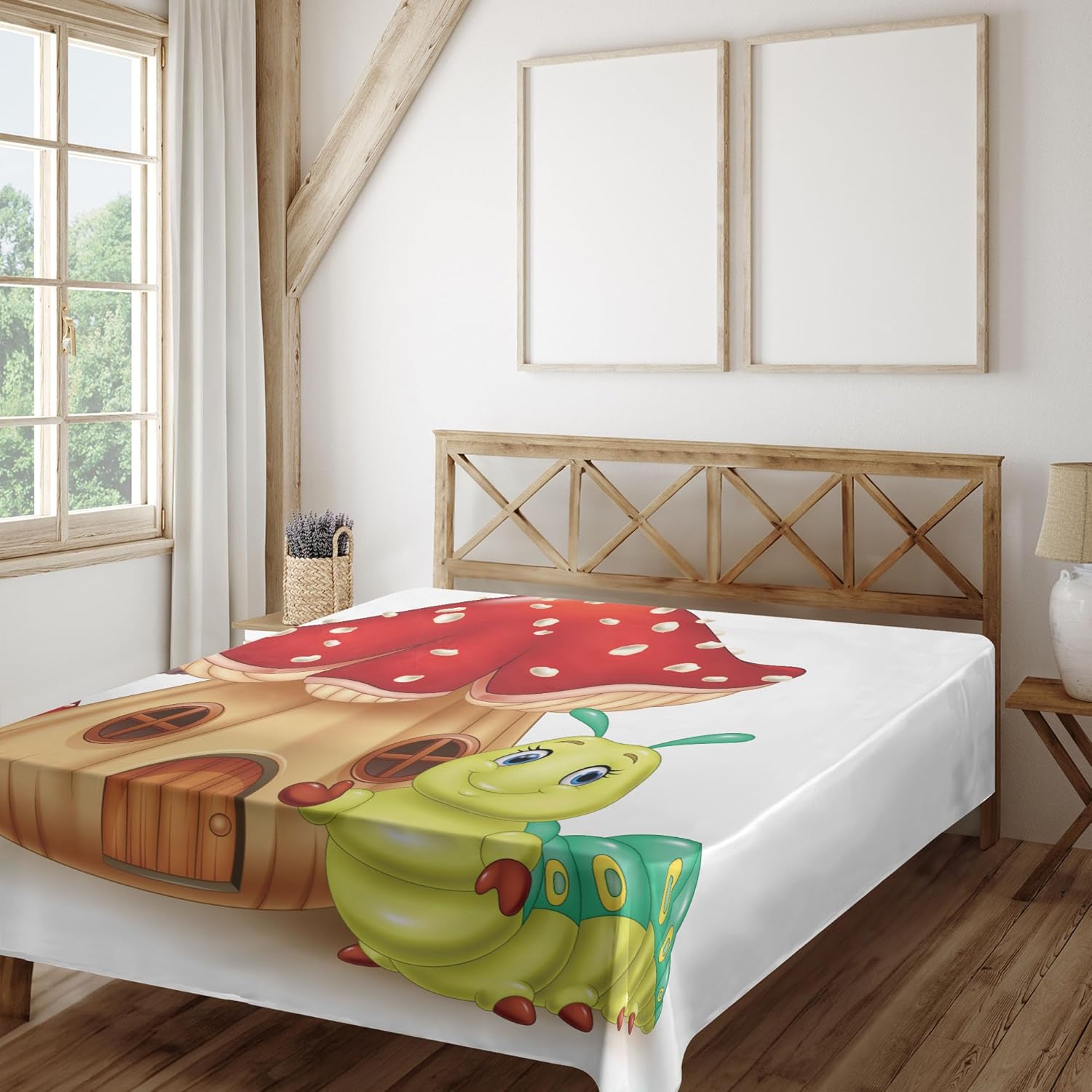 Ambesonne Caterpillar Flat Sheet, Mushroom House with Bug Cartoon Illustration Larva Type Bug Happy Character, Soft and Comfortable Top Sheet Decorative Bedding 1 Piece, Full Size, Multicolor
