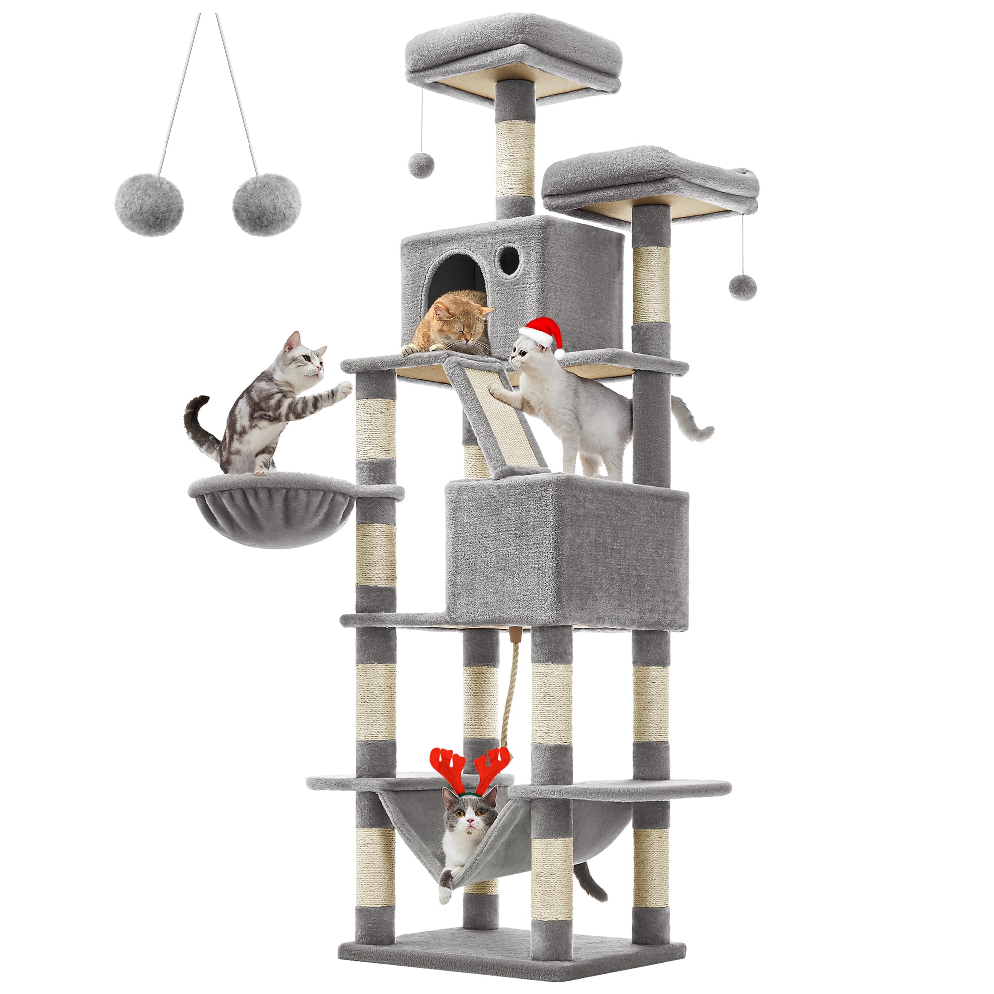 Feandrea Rascador para Gatos Grandes, Árbol Rascador para Gatos, 206 cm de Altura con 13 Postes, 2 Plataformas, 2 Cuevas, Cesta, Hamaca, Pompón, Multinivel para Gatos Grandes, Gris Claro PCT190W01