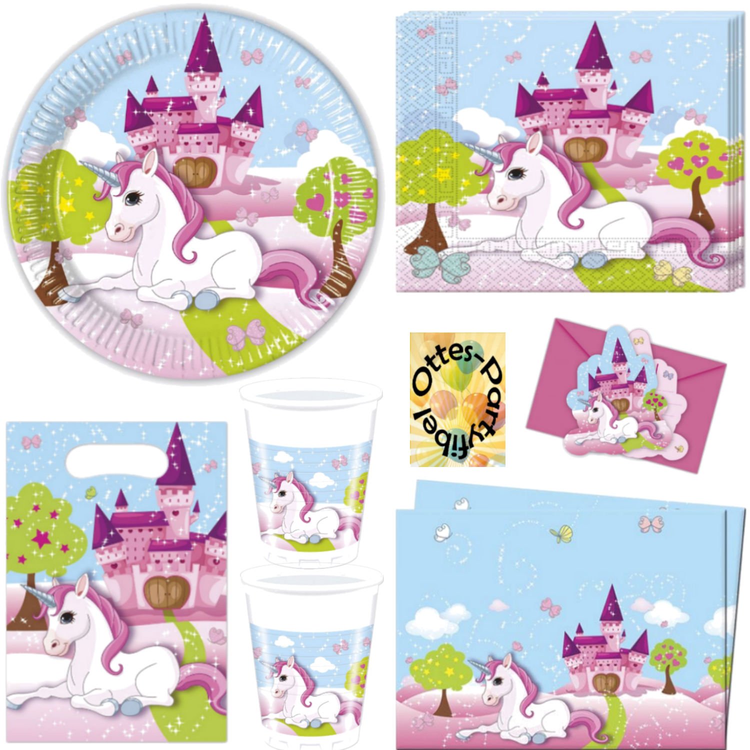 Unicorn Einhorn Partyset 74tlg. für 12 Gäste Teller Becher Servietten 2 Tischdecken Mitgebseltüten Einladungen