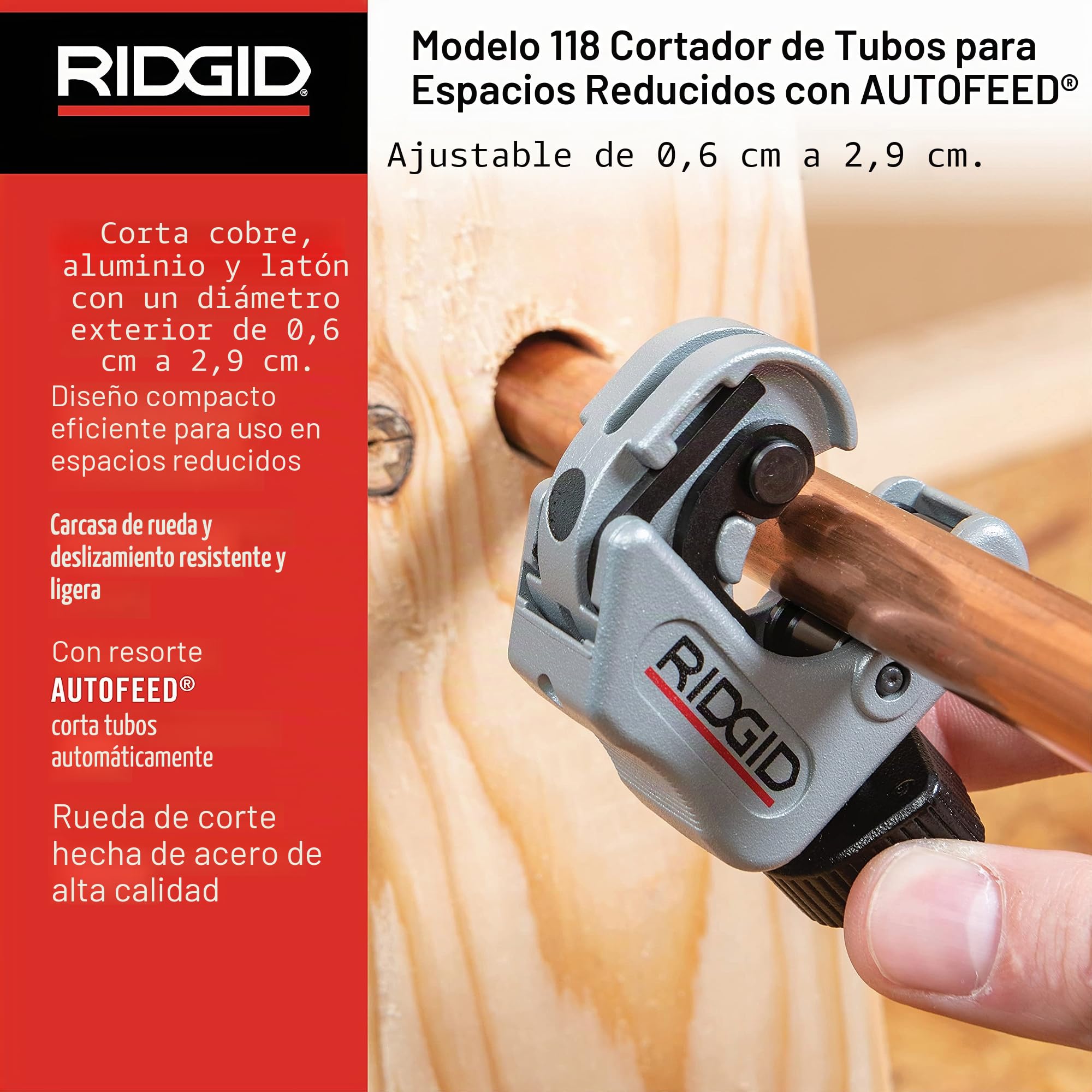 RIDGID, 86127 Modelo 118 Close Quarters AUTOFEED, Cortador de tubos de cobre, aluminio, latón y plástico de 1/4 a 1 1/8 pulgadas (0,6 a 3 cm)