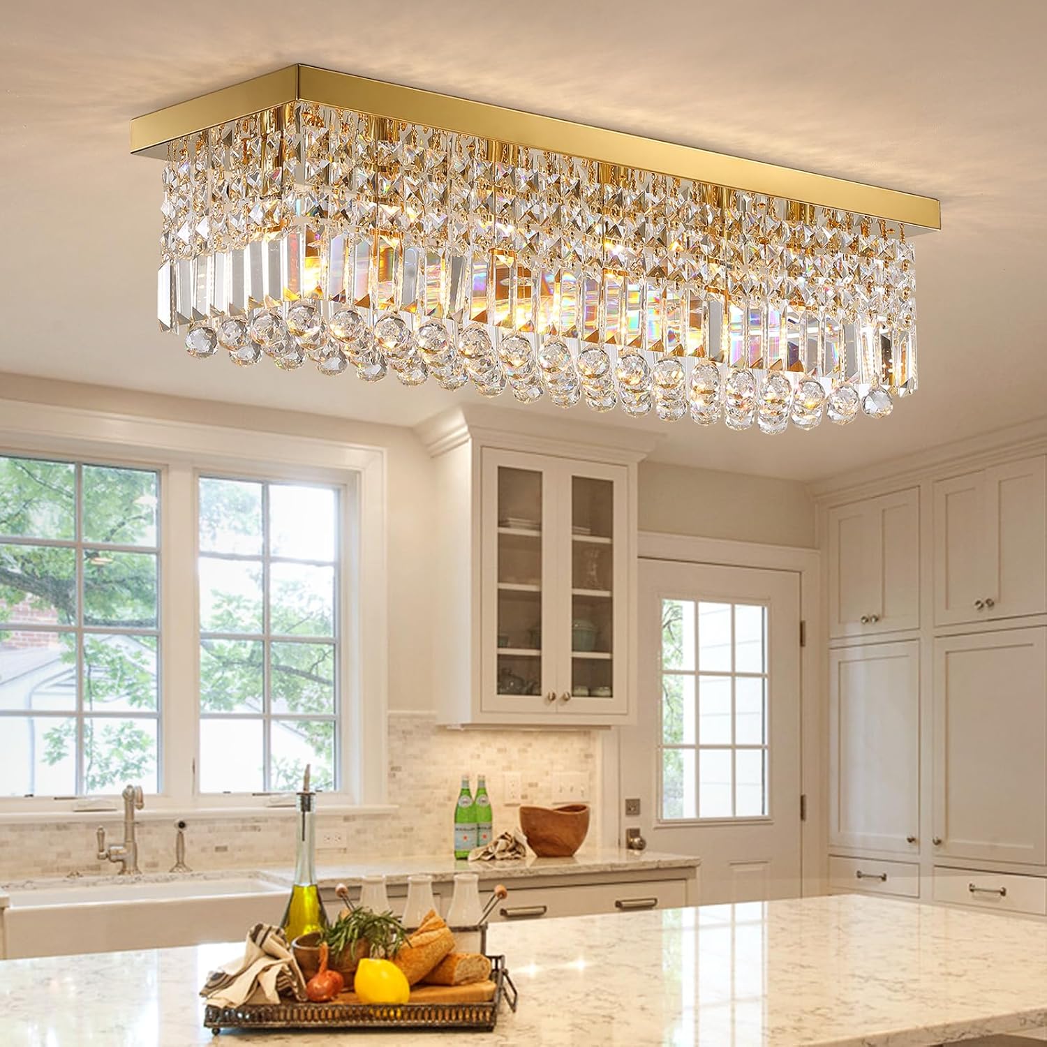 Siljoy 6-Light Modern Crystal Chandelier, Gold Rectangular K9 Crystal Raindrop Chandelier Flush Mount Ceiling Light Fixture for Dining Room Living Room Kitchen Island L31.5'' x W10'' x H10'' Flush Mount Style L31.5''(6-Lights)