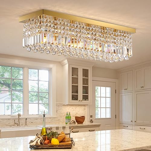 Siljoy 6-Light Modern Crystal Chandelier, Gold Rectangular K9 Crystal Raindrop