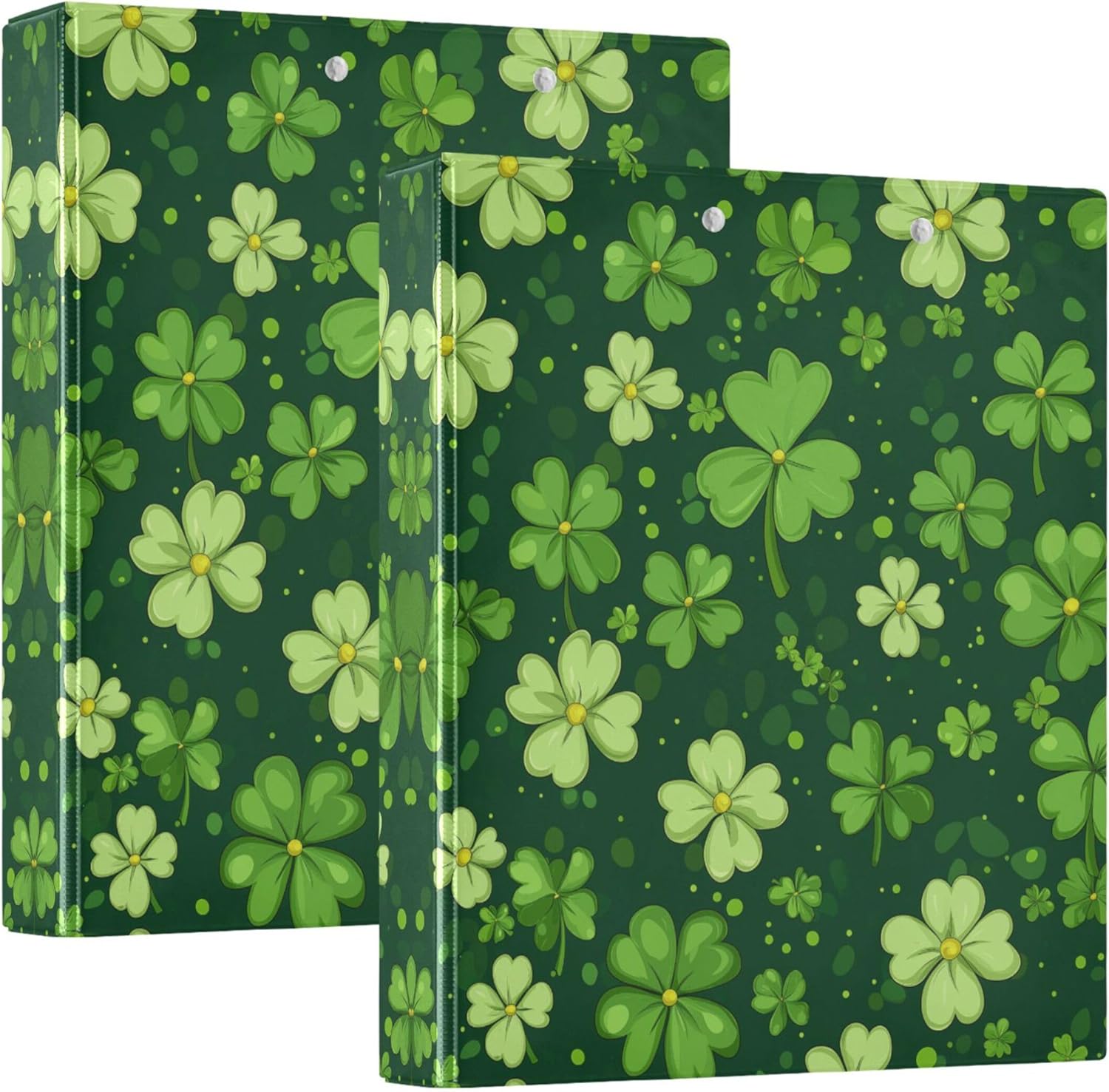 St. Patrick's Day Clover 3 Ring Binders, 1.5” Round Ring Binders with Clipboard - Letter Size, 3 Interior PVC Clear Pockets & Anti-Slip Clip for Office School Supplies, 2PCS