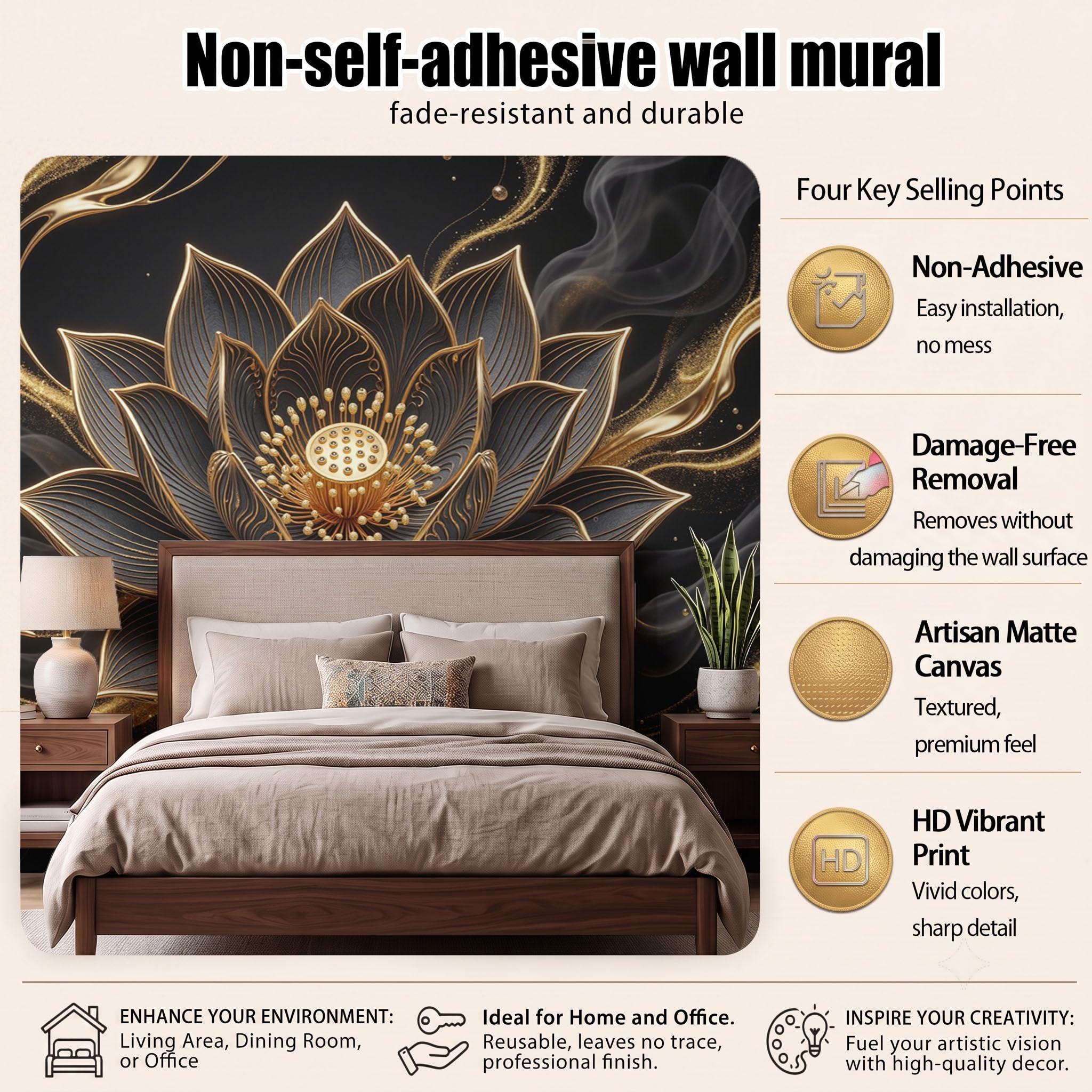 Papier Peint Panoramique 350X256Cm Relief De Lotus Doré En 3D | Noir Papier Peint Intissé Tapisserie Poster Décoration Murale Pour Salon Chambre - Plante De Luxe Ciel Étoilé