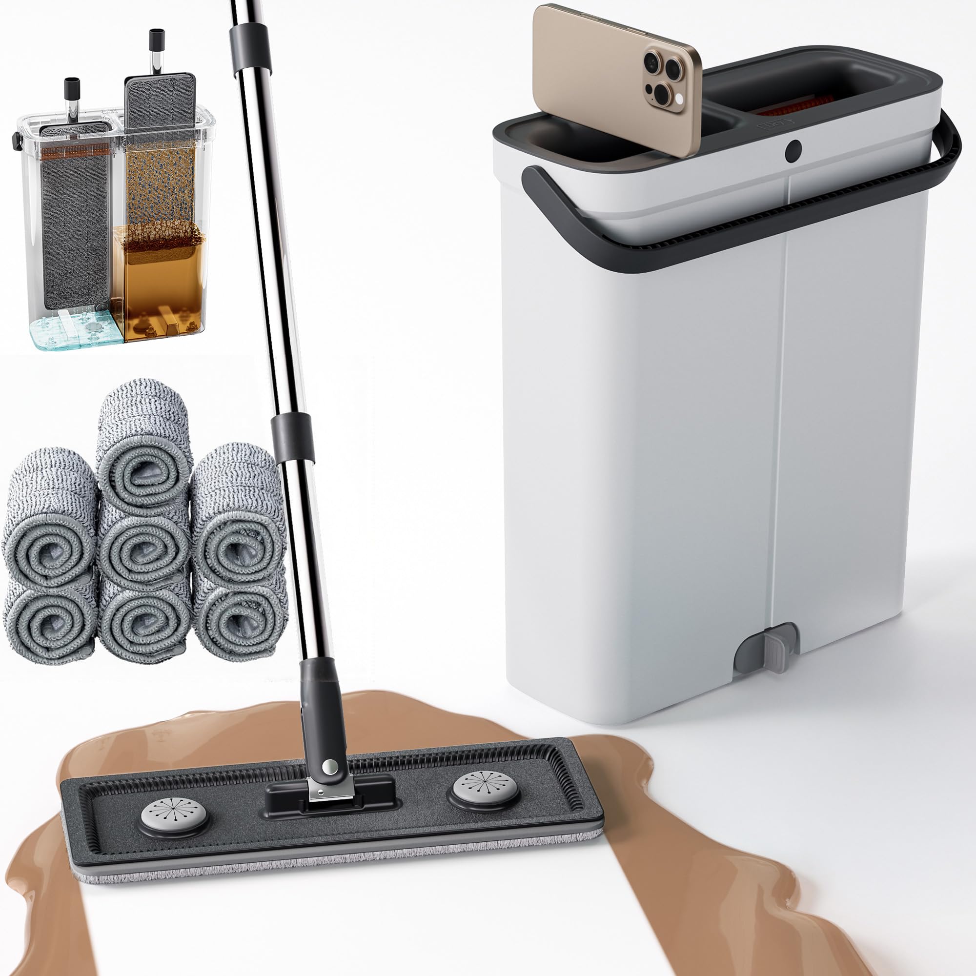 Juego de fregonas compactas con cubo, fregonas planas para limpieza en húmedo y seco, ideal para apartamento, casa, caravana, ventanas y paredes, incluye 7 almohadillas de microfibra lavables