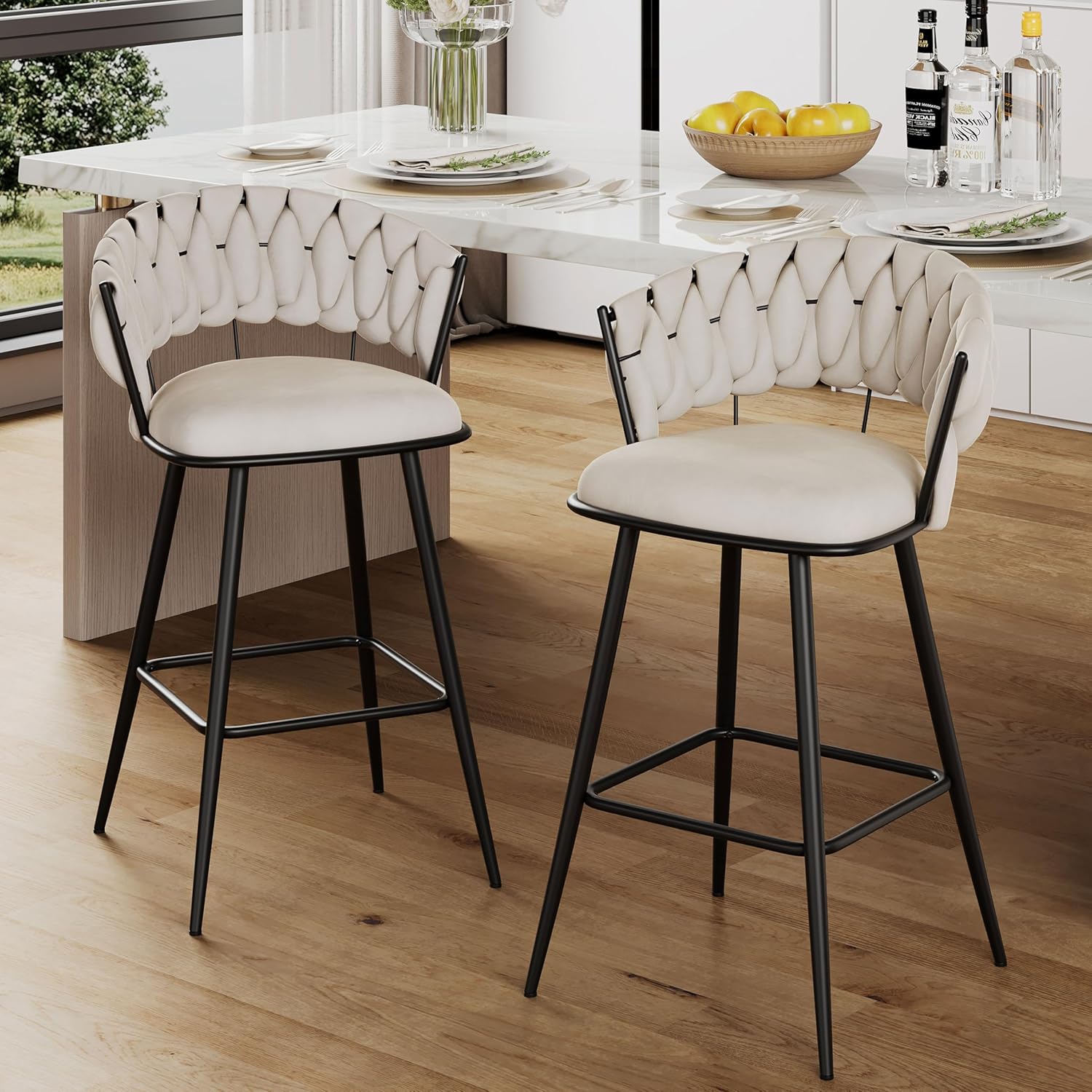 Counter Height Bar Stools Set of 4, Modern 30" Seat Height Barstools, Velvet Fabric Bar Chairs with Woven Back and Footrest for Kitchen Island, Cafe, Pub (Beige)