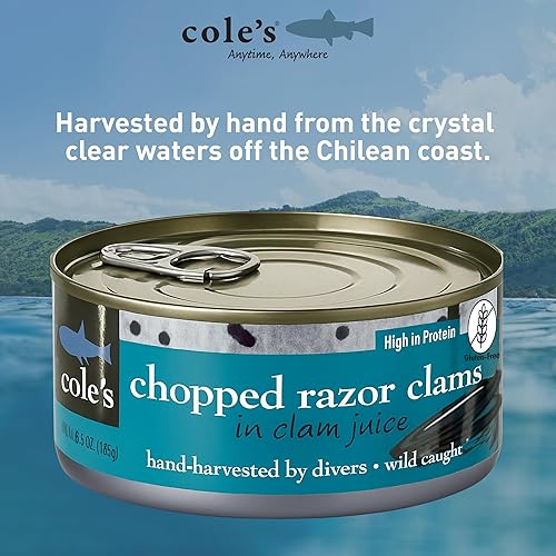 Miniatura 2 de Coles almejas enlatadas y picadas, cosechadas en agua cristalina, alimentos sin gluten, almejas altas en proteínas y bajas en calorías, paquete