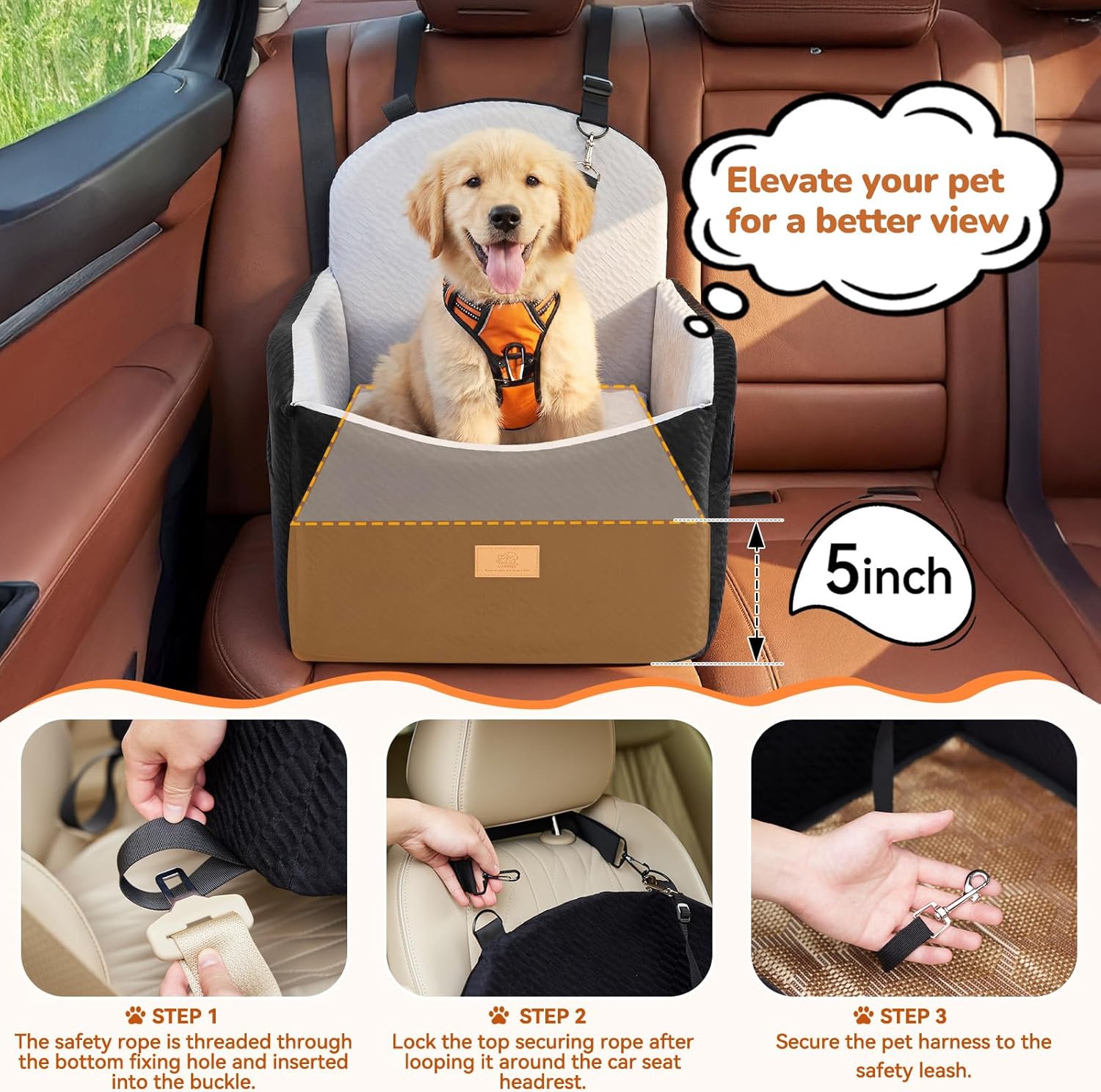Dog Car Seat for Medium/Small Dogs, Dog Booster Car Seat, Pet Booster Seats Up to 40lbs with Waterproof Layer, 3 Storage Pockets and Safety Belt (Black/Grey)
