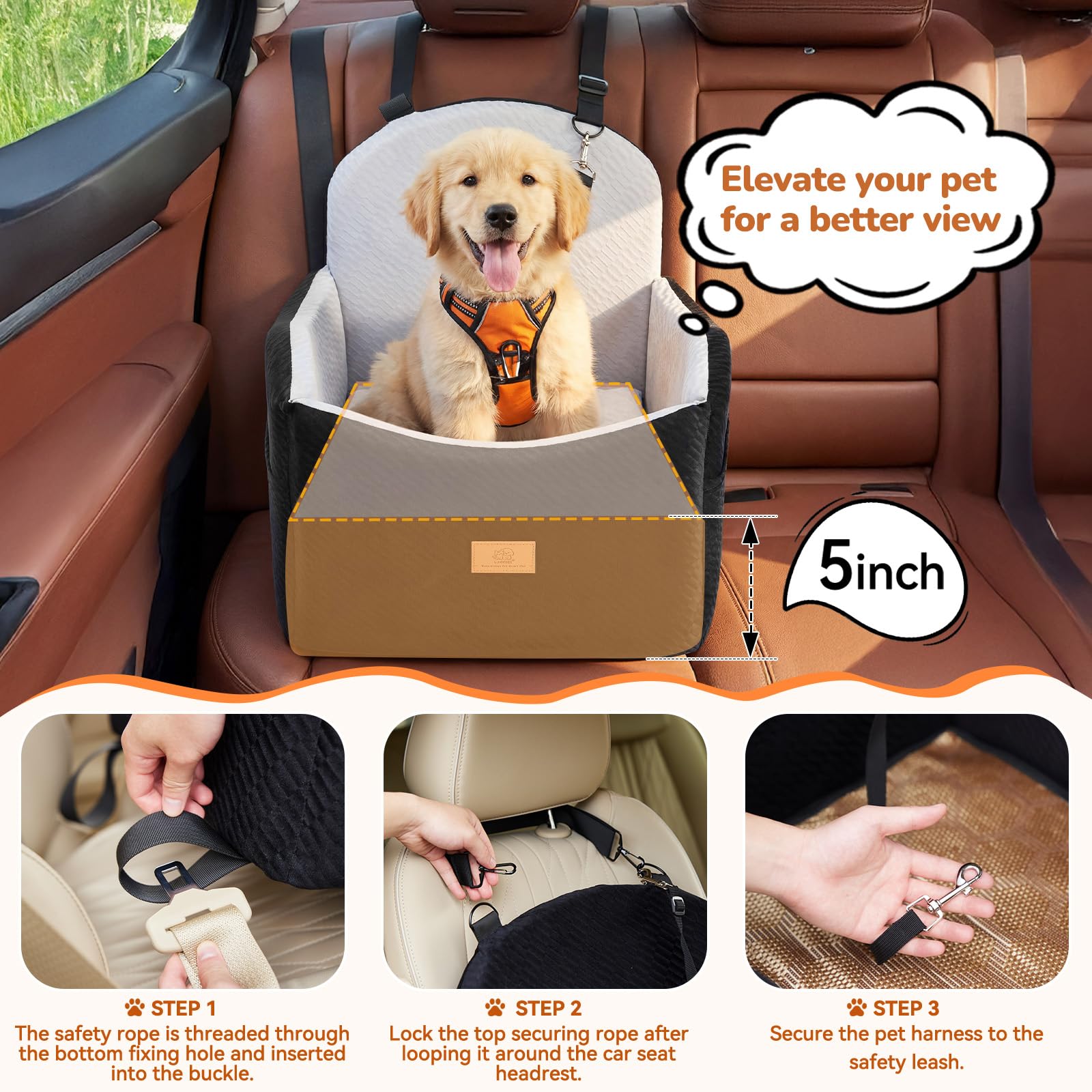 Dog Car Seat for Medium/Small Dogs, Dog Booster Car Seat, Pet Booster Seats Up to 40lbs with Waterproof Layer, 3 Storage Pockets and Safety Belt (Black/Grey) - 4