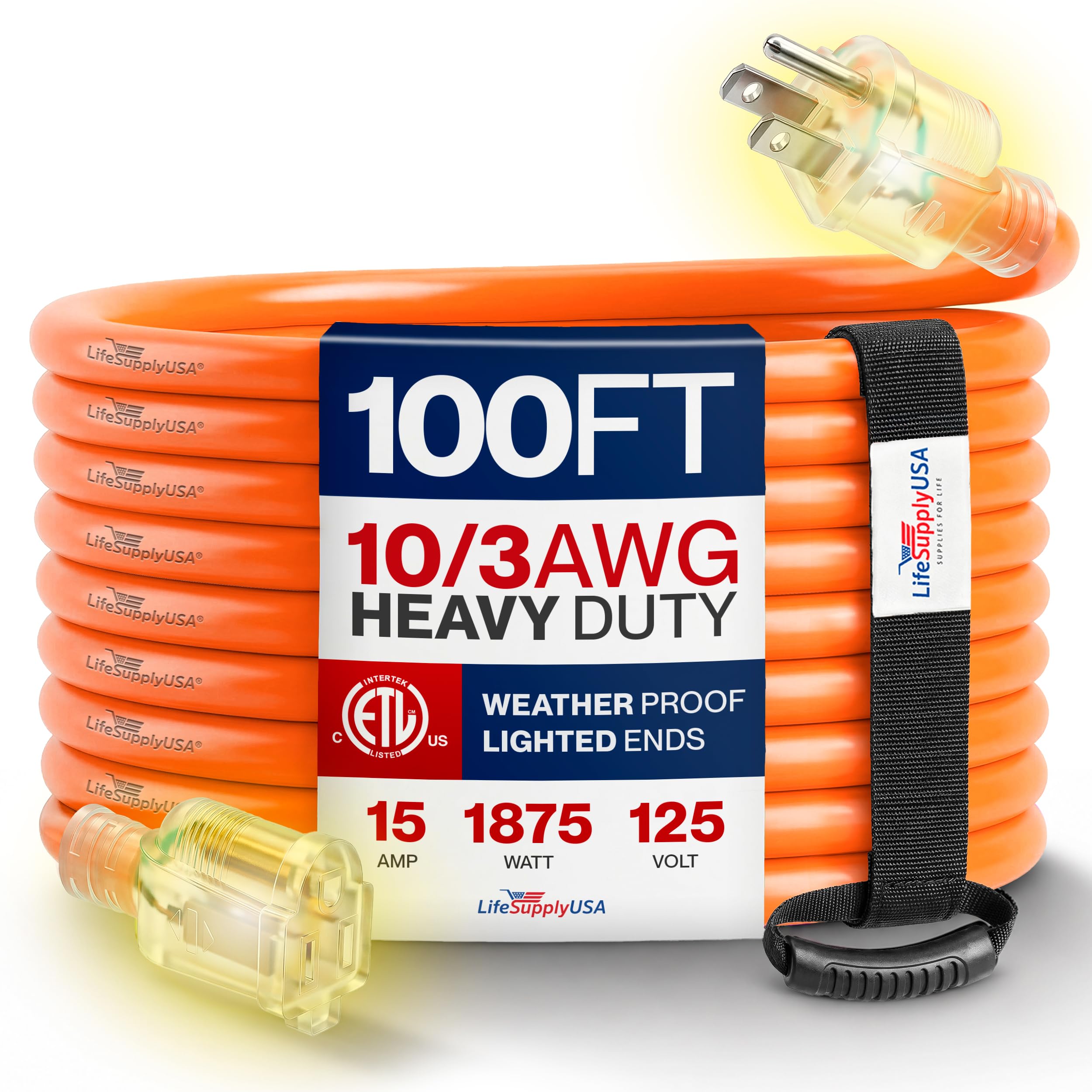 LifeSupplyUSA 100 ft orange 10/3 ultra heavy duty extension cord