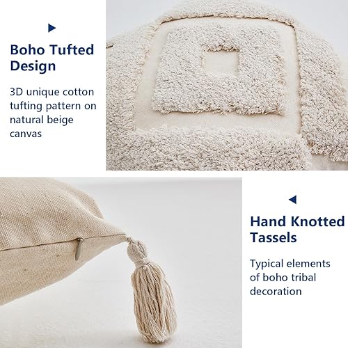 Miniatura 4 de Simple&Opulence Juego de 2 fundas de cojín decorativas estilo bohemio copetudo, 18 x 18 pulgadas, 100 % algodón, con borlas para cama, sofá, sillón,