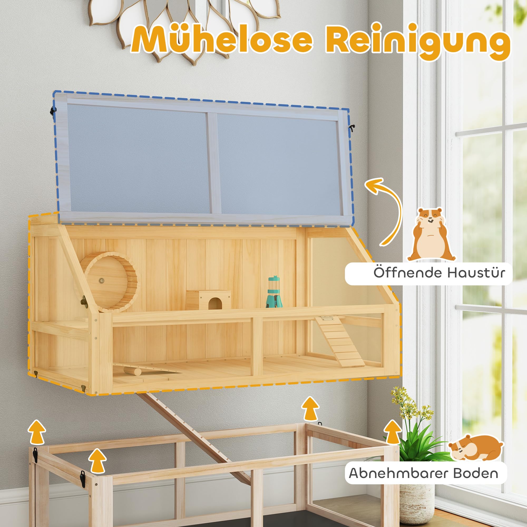 PawHut Jaula de madera para hámster de 3 niveles, 95 x 53 x 76 cm, jaula para roedores pequeños con balancín, rueda, cabaña profunda, jaula para ratones para hámster enano, madera natural