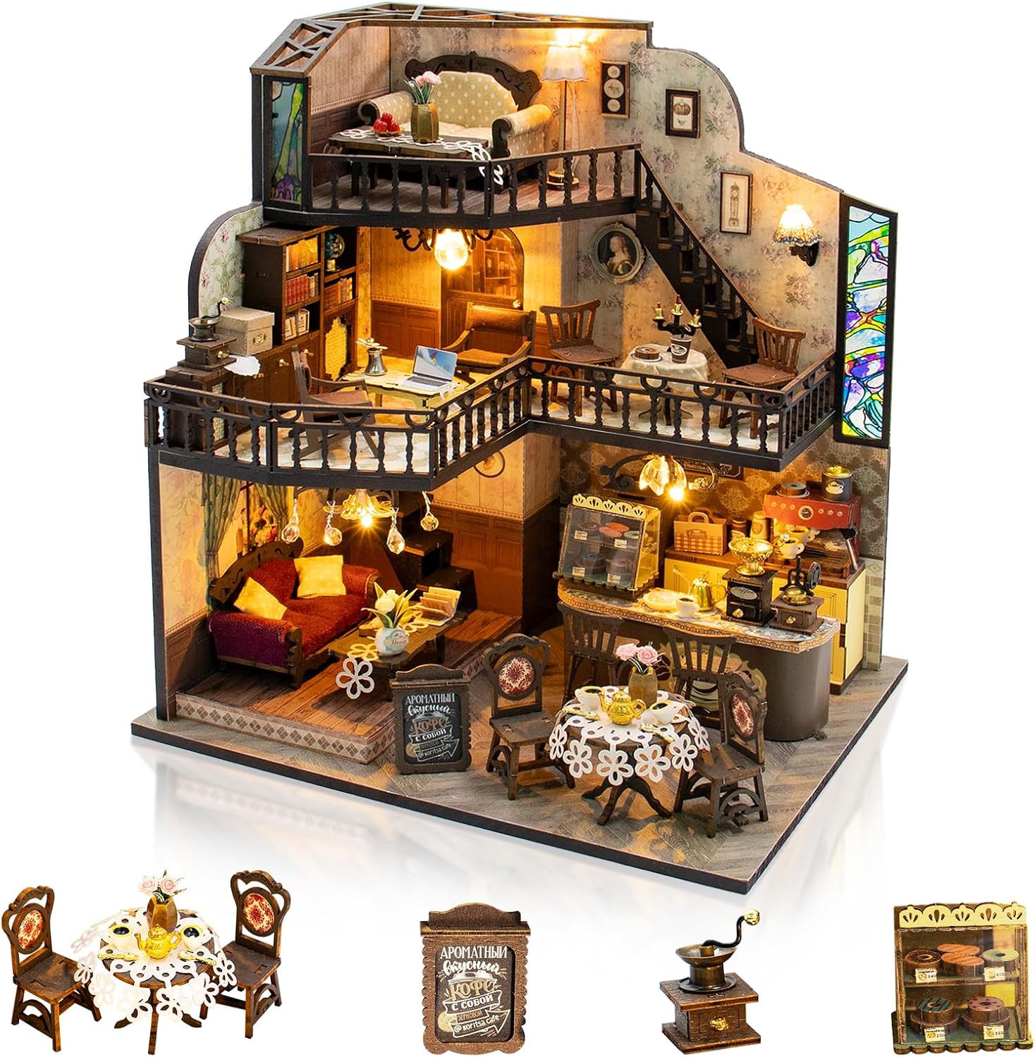 DIY Miniature House Kit, Coffee Shop Dollhouse with Furniture&LED