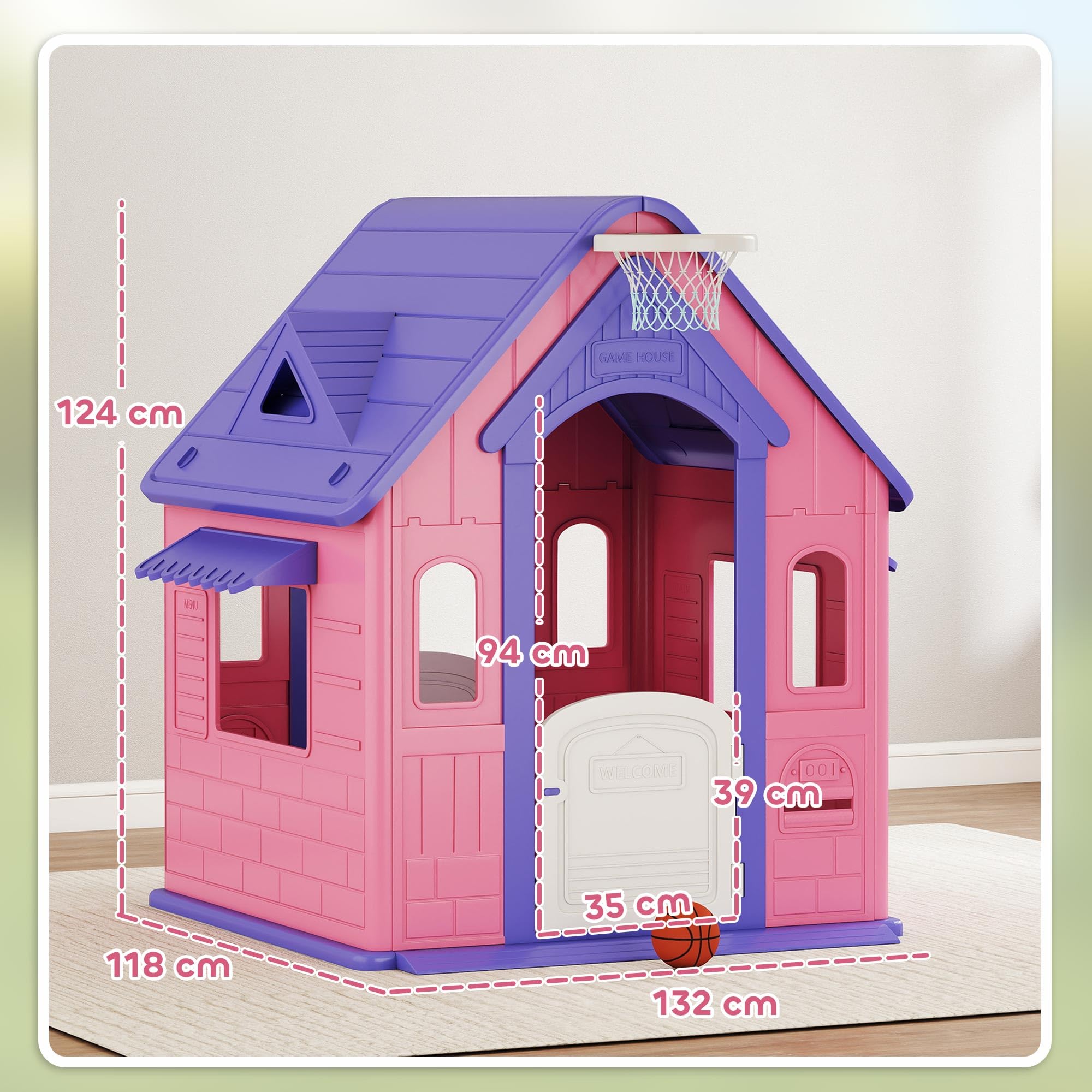 AIYAPLAY Casita Infantil Exterior e Interior 3 en 1 con Lanzamiento de Aros y Baloncesto Casita Infantil de Jardín Casa de Juegos para Niños 2-5 Años Rosa y Morado
