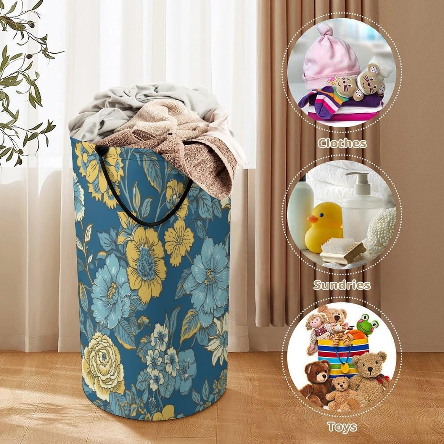 Blue And Yellow Flowers Laundry Hamper Fashion Dirty Laundry Hamper Portable Laundry Hampers with Handles Lightweight Large Clothes Storage Basket for Bedroom Bathroom