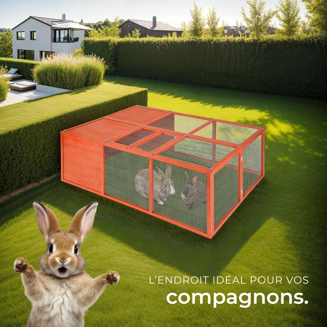 tectake® Clapier Pliable pour rongeurs, Toit ouvrant, 150 x 103 x 53 cm, Cage Lapin, Cage Hamster, Cochon d'Inde, Enclos Lapin en Bois, Aucun Montage requis, Clapier Lapin Exterieur, Enclos Hamster