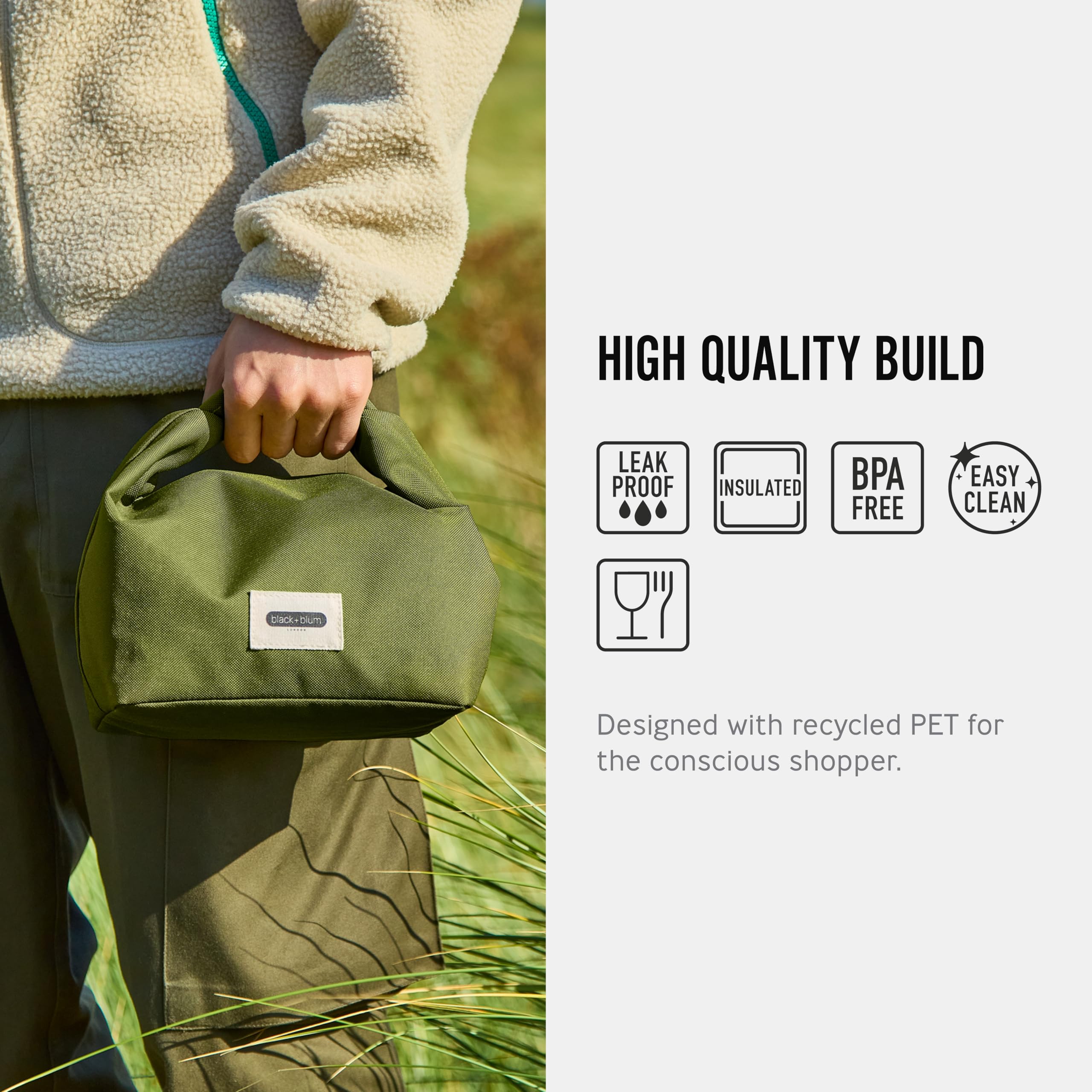 BLACK + BLUM borsa porta pranzo muschio 6,7 L, materiale isolante riciclato da bottiglie PET, interno in PEVA impermeabile senza BPA, chiusura rolltop con gancio per mano e bici, lunch bag termica