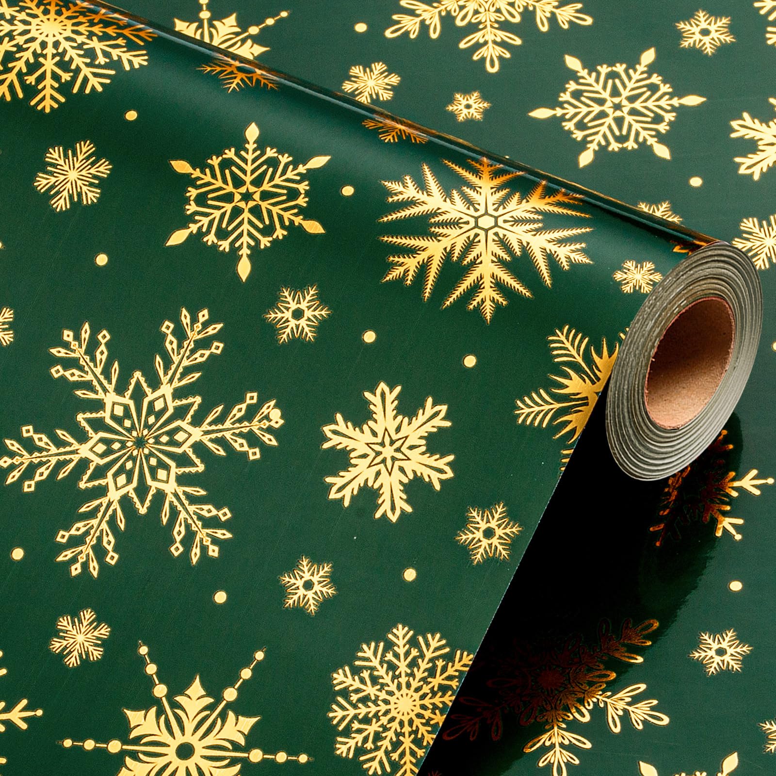 Wikadlik Green Christmas Wrapping Paper Roll - Gift Wrap Paper 43cm x 10m Foil Gold Snowflake Design