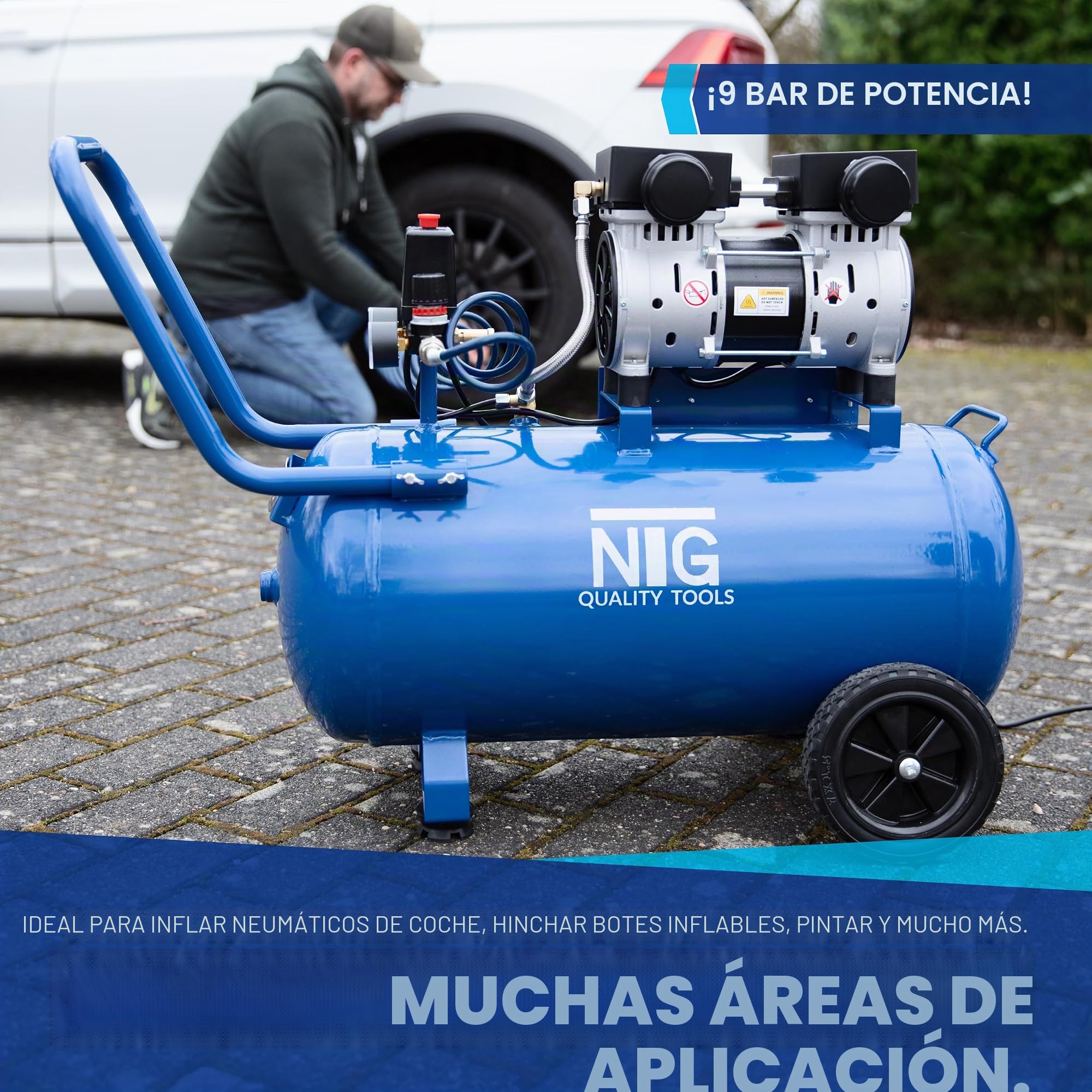 NTG Compresor silencioso de 9 bar, depósito de 50 L, 1470 W, fuerte potencia, sin aceite, especialmente silencioso y flexible, con manómetro y regulador de presión, depósito de 50 L (depósito de 50 | Con manómetro y regulador de presión – Uso flexible en
