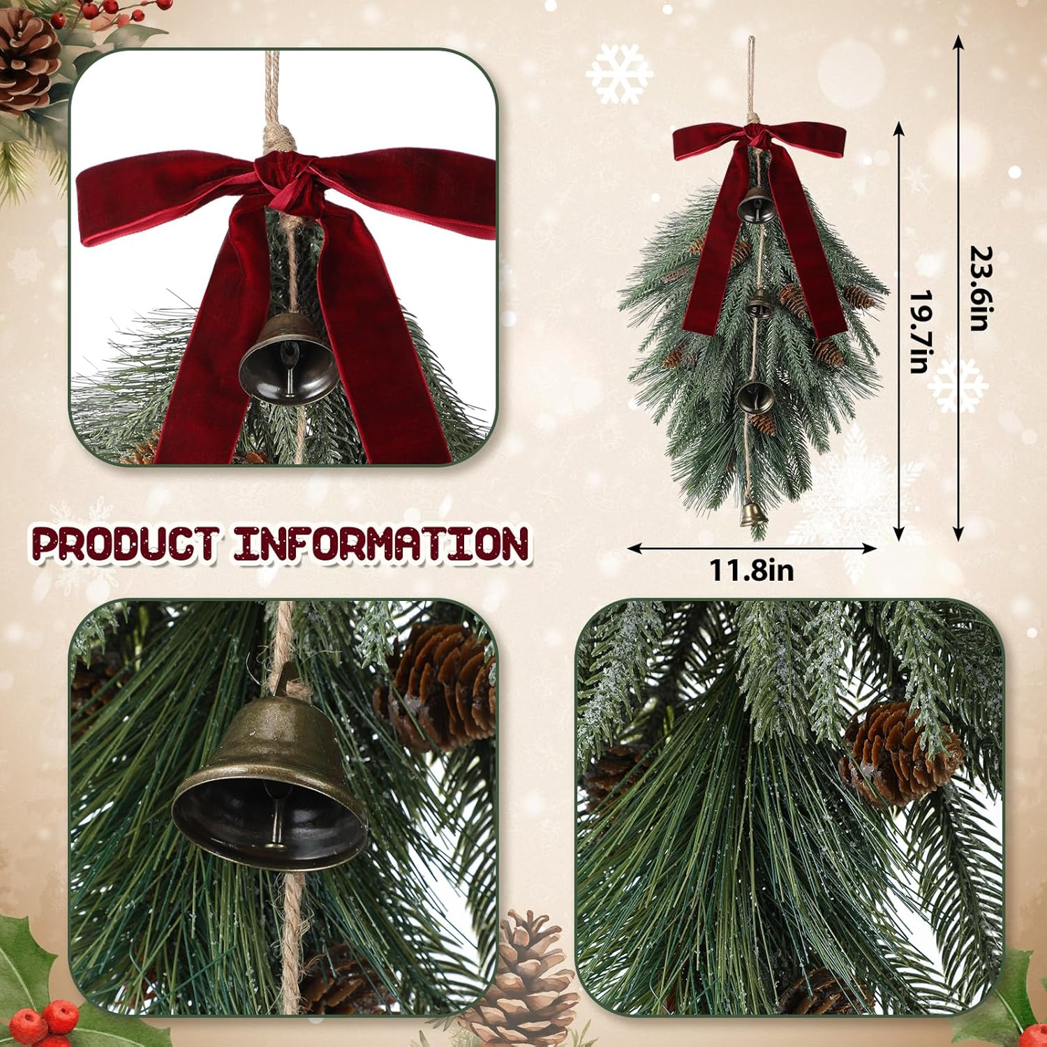 Shihanee 2 Pcs 24" Christmas Teardrop Swag Rustic Door Swag Teardrop Wreath Artificial Norfolk Pine Hanging Garland Greenery with Bell Velvet Bow for Outdoor Mantle Fireplace (Wine Red,23.6 Inch)