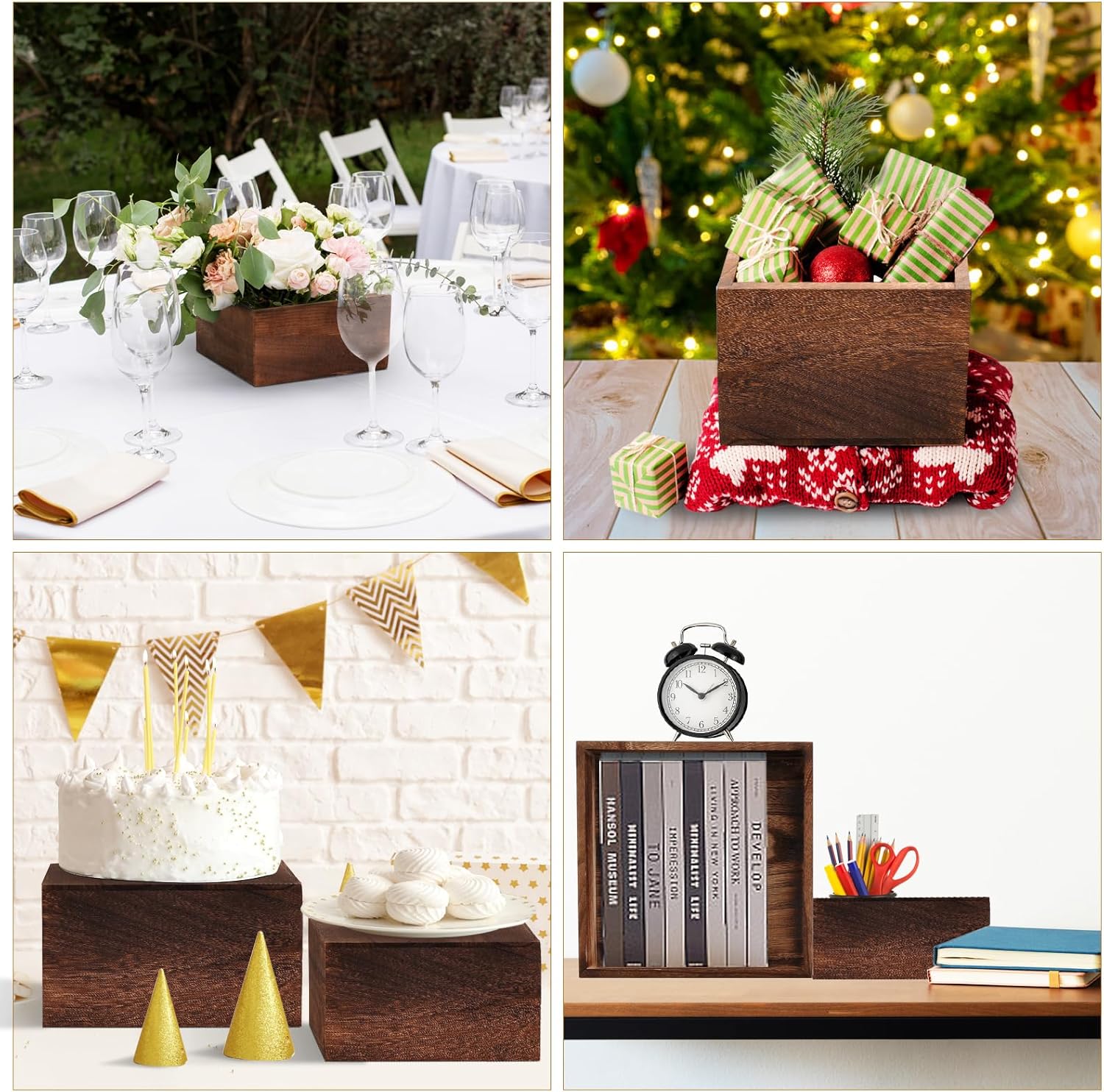6 Pack Wooden Risers Display Stands with Mini Signs Square Food Risers for Buffet Party Rustic Wood Cake & Cupcake Stands Nesting Box Wooden Crates for Display