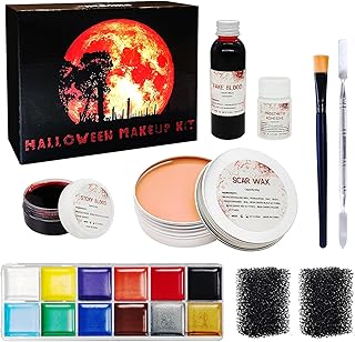 Professional Halloween SFX Special Effects Makeup Kits, Fake Blood, Scab Coagulated Blood Gel, 12 Colors Face Body Paint, Wound Modeling Scar Wax With Spatula Tool, Brushes, Stipple Sponge
