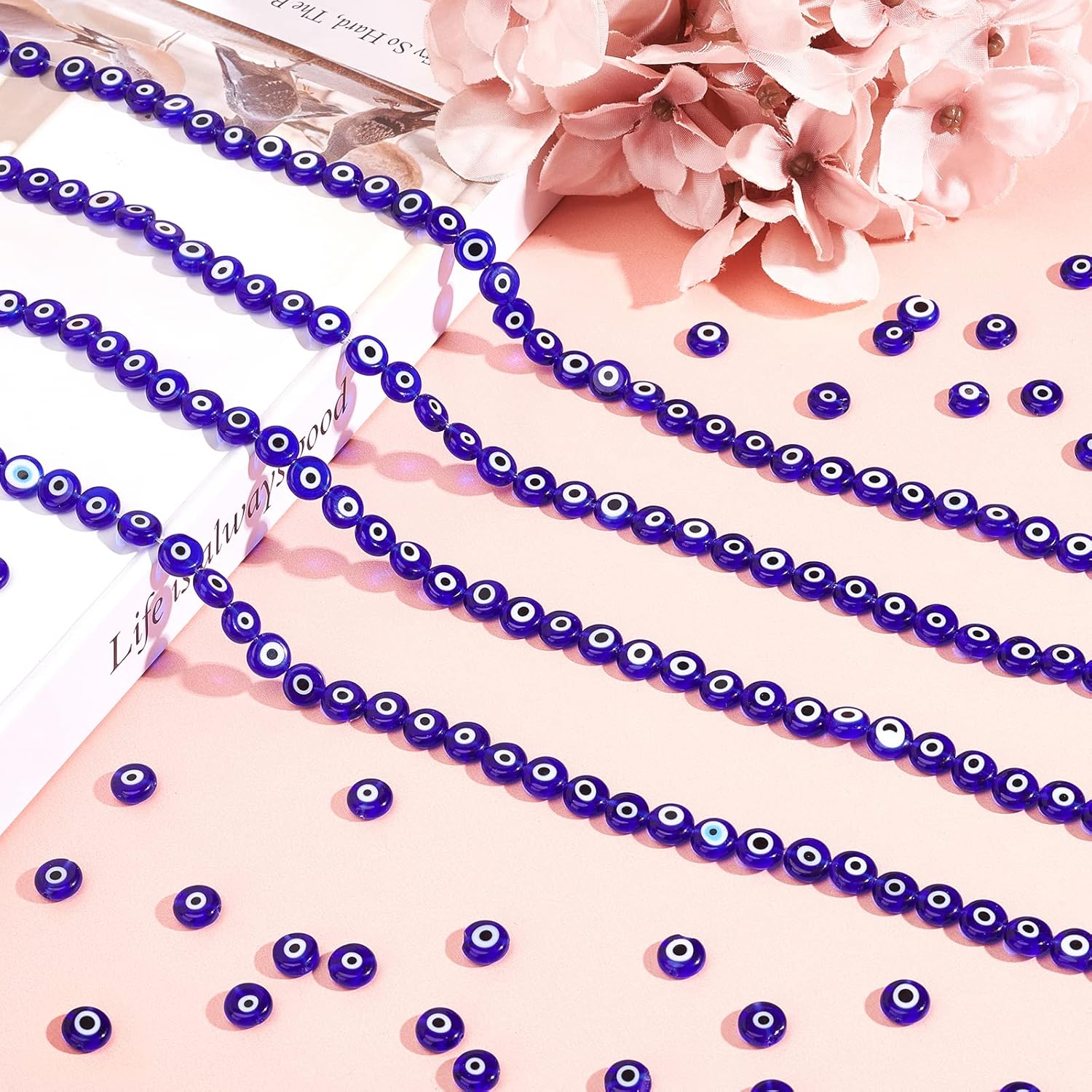 NBEADS 10 Strands (About 49pcs/Strand) Blue Handmade Evil Eye Lampwork Glass Beads Flat Round Spacer Loose Beads for Bracelet Necklace Jewelry Making