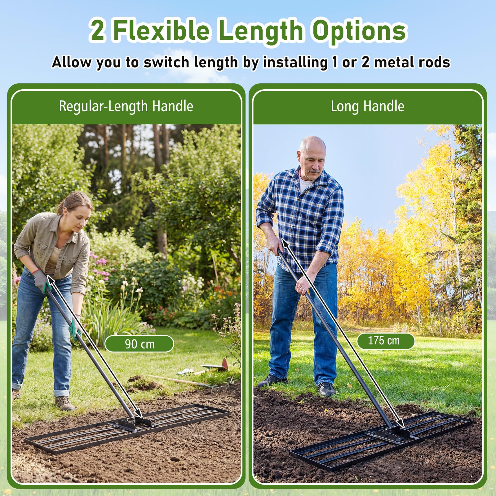 Rastrello livellatore per prato, livellatore per prato in metallo resistente con manico regolabile, strumento per livellare il terreno senza fatica per giardino, prato, campo da golf (verde, 42" x 1