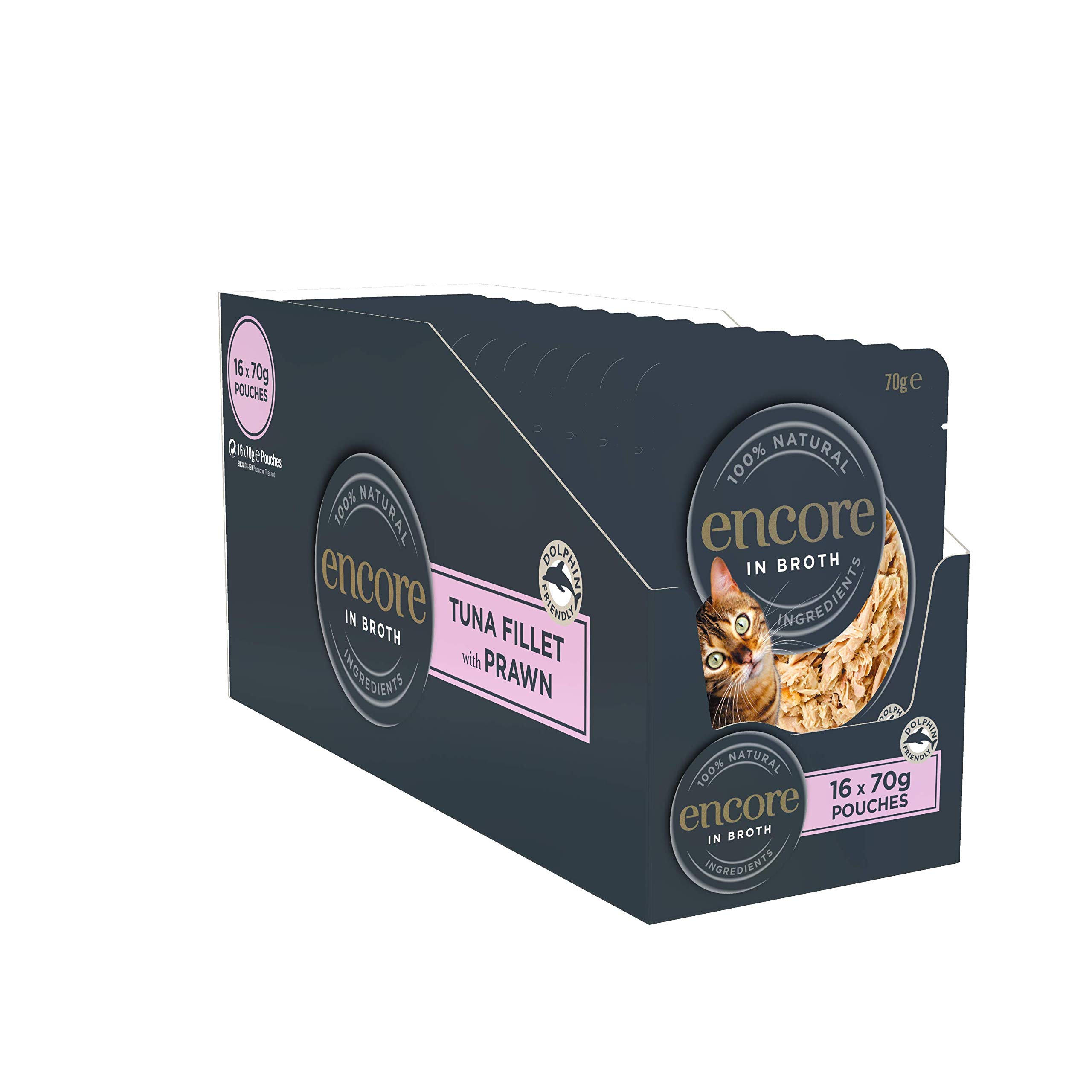 Encore 100% natürliches Premium Nassfutter für Katzen, Thunfischfilet mit Garnele in Brühe für erwachsene Katzen - Packung mit 16 x 70g Beuteln