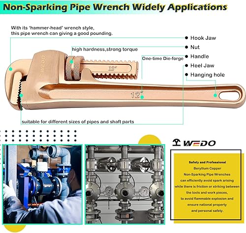 Miniatura 5 de WEDO Llave de tubo sin chispas (longitud 11.811 in, apertura máxima 1.575 in), llave de plomería recta sin chispas, llave de seguridad sin chispas,