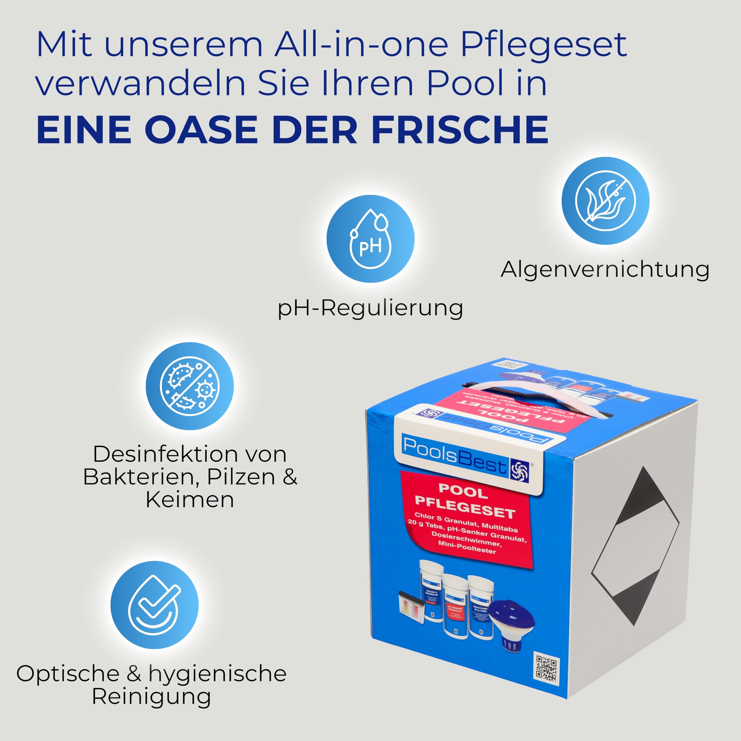 PoolsBest Pool Starter Set 5 in 1 I Pool-Reinigungsset komplett zur Wasserpflege I Pool Zubehör Set für Einsteiger I Mini-Multitabs, Dosierschwimmer, Pooltester, pH-Senker, Chlorgranulat & Anleitung