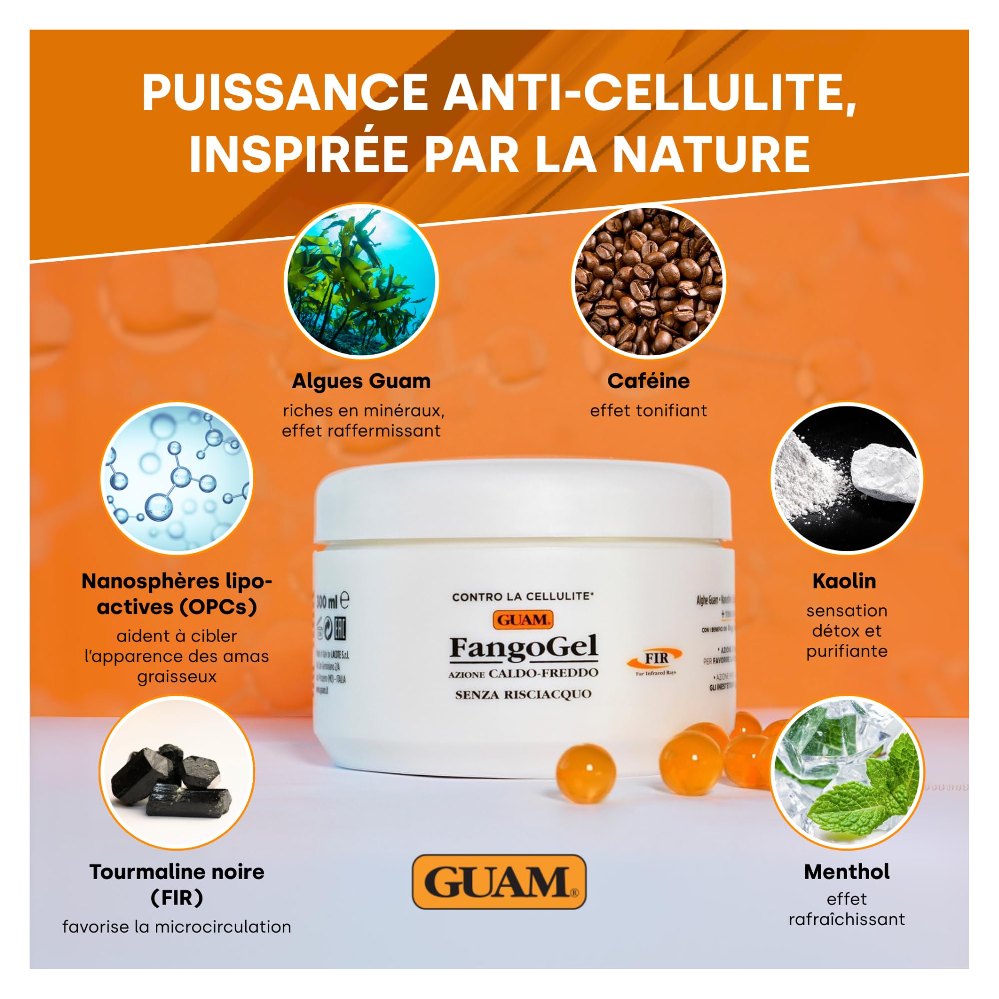 Guam FangoGel Anti-Cellulite Gel aux Algues Marines et Tourmaline 300 ml Action Chaud-Froid Sans Rinçage
