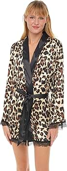 トップス LEOPARD PIPING LINEN ROBE Alexander Del Rossa Womens Leopard Print Robe, Short Satin