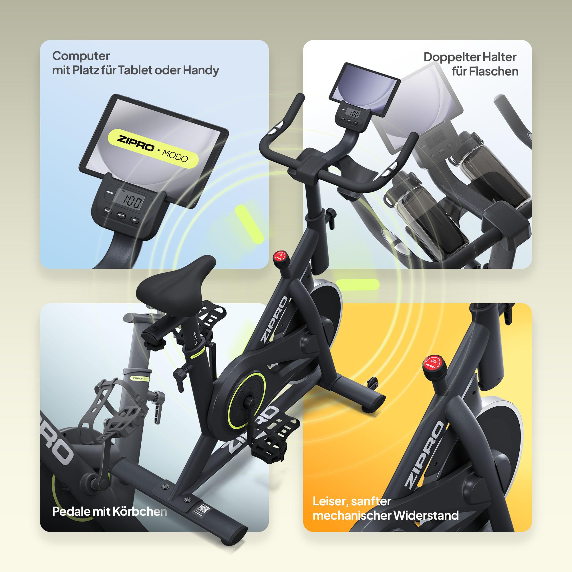 ZIPRO Heimtrainer Fahrrad Hometrainer Ergometer Bike Indoor Exercise für Zuhause Cardio Fitnessgerät Stationary 120 kg Belastbar mit App Zimmerfahrrad Fahrradtrainer Bildschirm – MODO