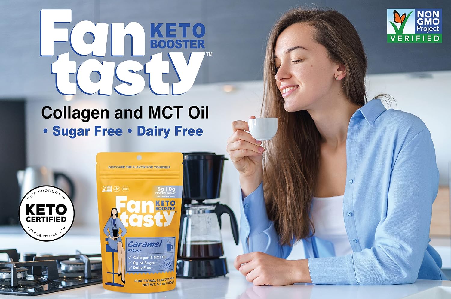 FAN TASTY Collagen Protein Powder with MCT Oil - Grassfed, GF, Use as Keto Creamer in Coffee, Tea and Shakes - Caramel Flavor