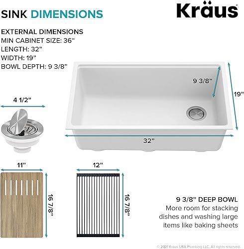 Miniatura 4 de KGUW1-33WH-100-100 Bellucci - Fregadero de cocina compuesto de granito bajo montaje de 32 pulgadas en blanco con WasteGuard de 1 HP para eliminación