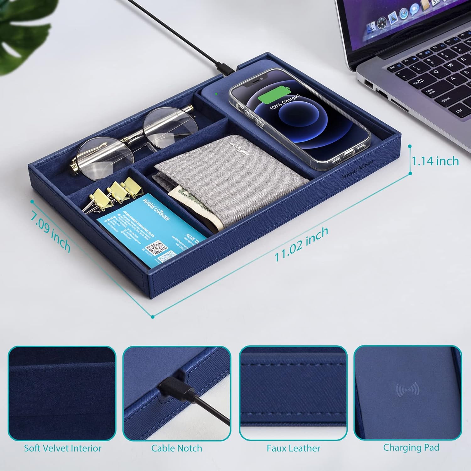 Valet Tray, Built in Wireless Charging Pad, Nightstand Organizer, Bedside Organizer, Mens Jewelry Box, Everyday Carry Tray for Men and Women -Blue