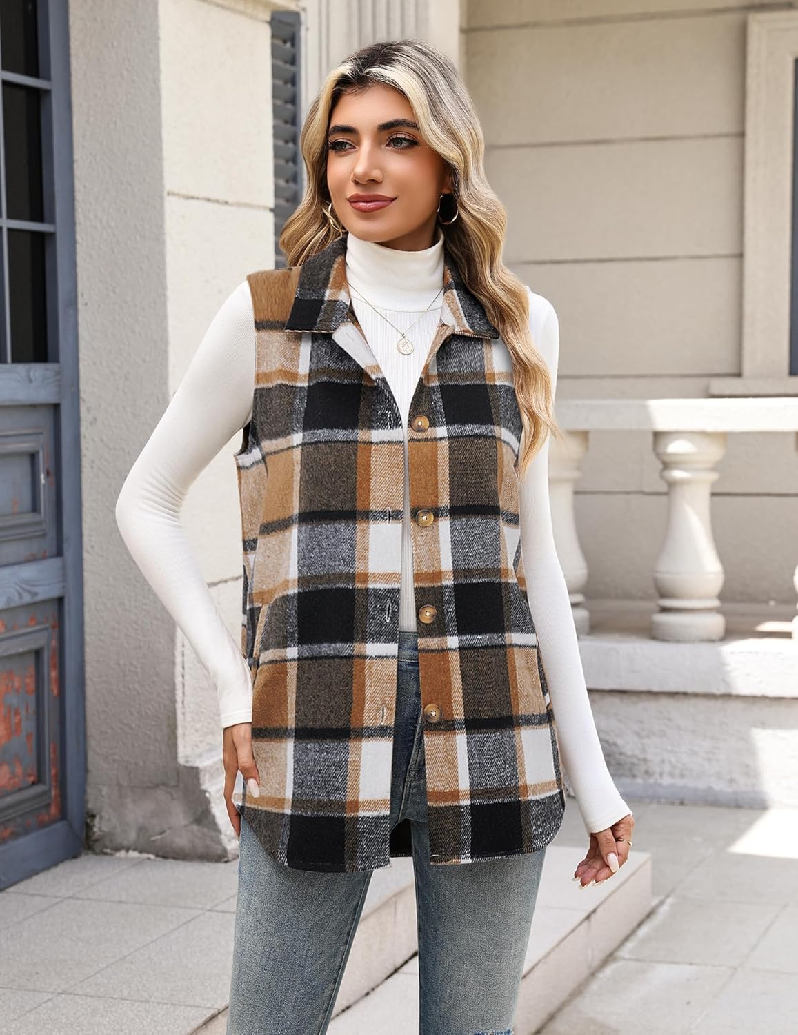 Zeagoo Plaid Vest for Womens Casual Sleeveless Flannel Jacket Lapel Button Down Shirt with Pockets 2025 Fall Clothes - Image 2